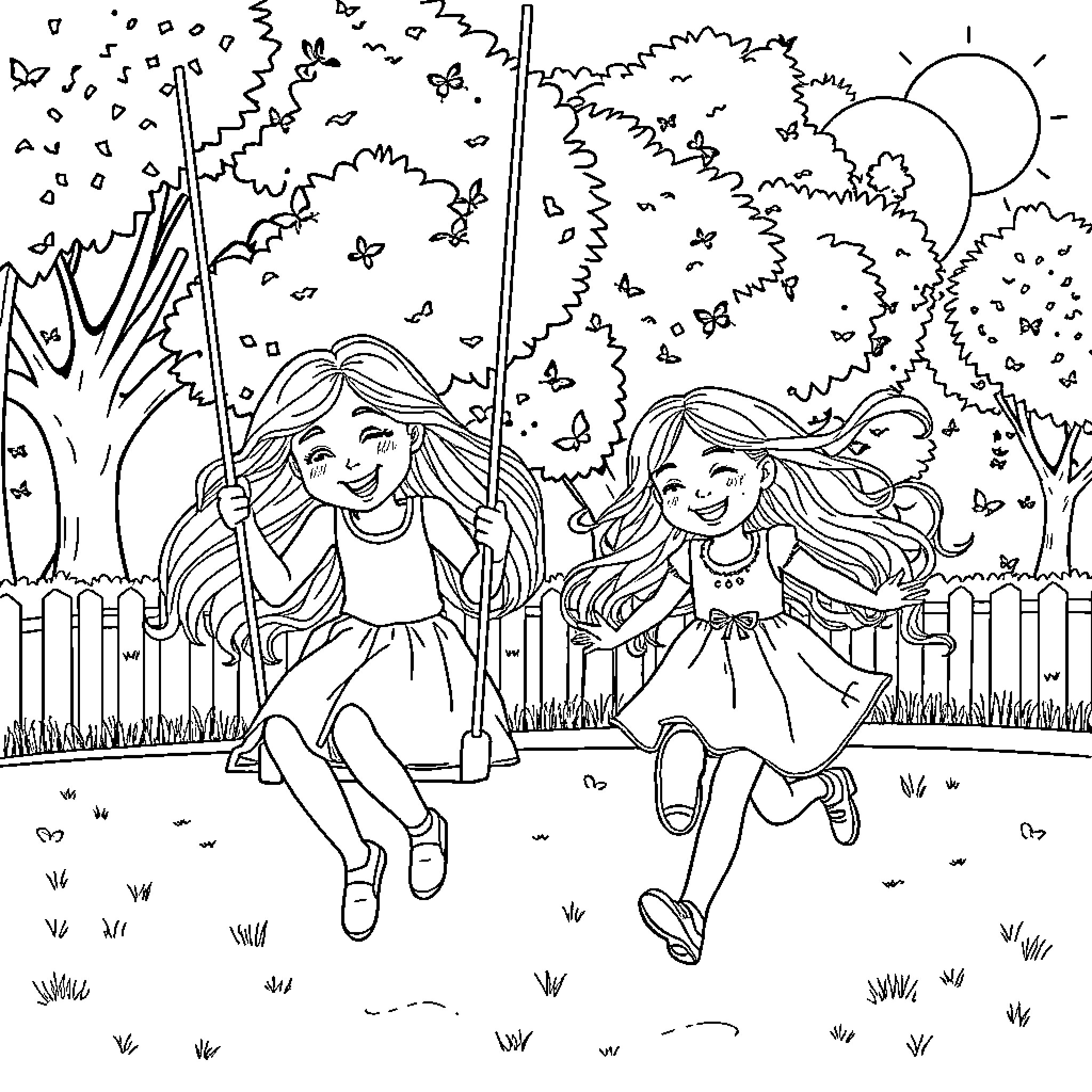 Girls playing happily on a swing in the park Coloring Page (free black-and-white line drawing printable PDF for all, from beginners to advanced learners, including children, teens, adults, and seniors)