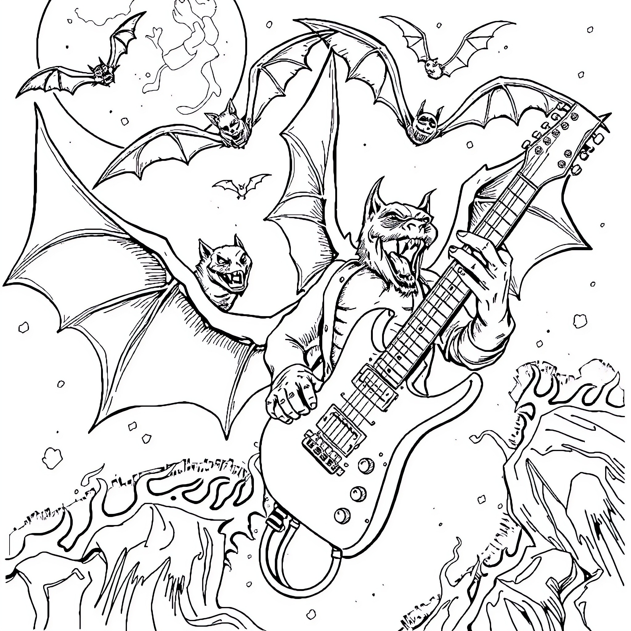 Bat Monsters Rocking Out on Stage Coloring Page (free black-and-white line drawing printable PDF for all, from beginners to advanced learners, including children, teens, adults, and seniors)