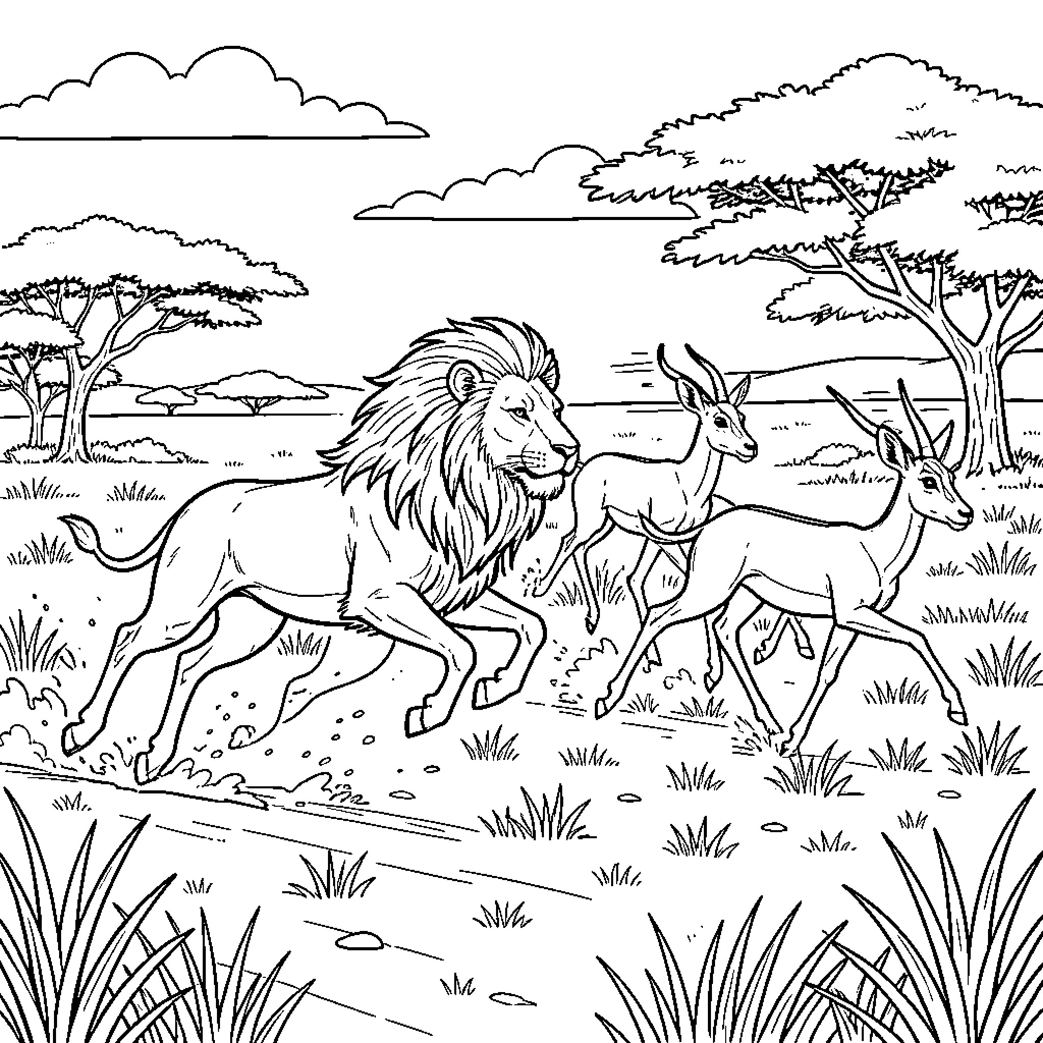 Lion chasing deer through the grassy savanna Coloring Page (free black-and-white line drawing printable PDF for all, from beginners to advanced learners, including children, teens, adults, and seniors)