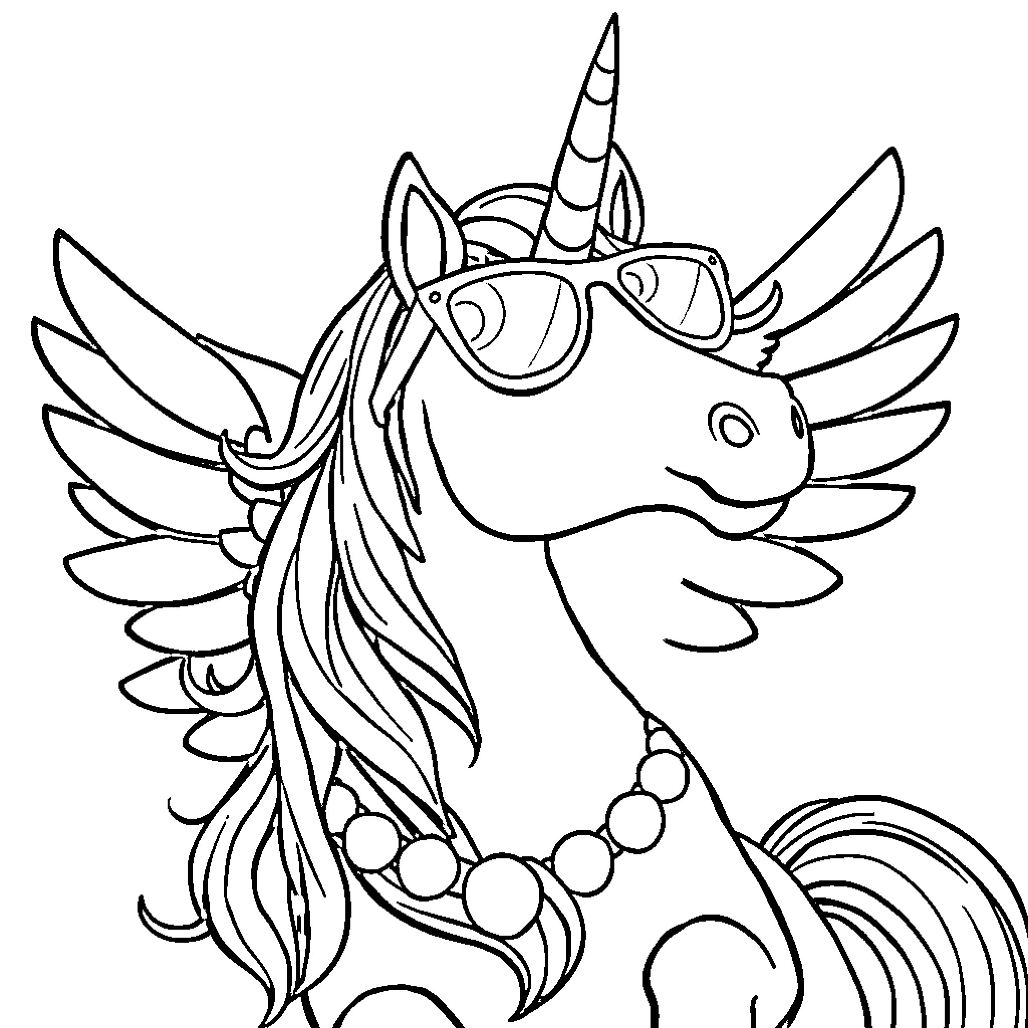 Unicorn with Eyeglasses and Flowers Coloring Page (free black-and-white line drawing printable PDF for all, from beginners to advanced learners, including children, teens, adults, and seniors)