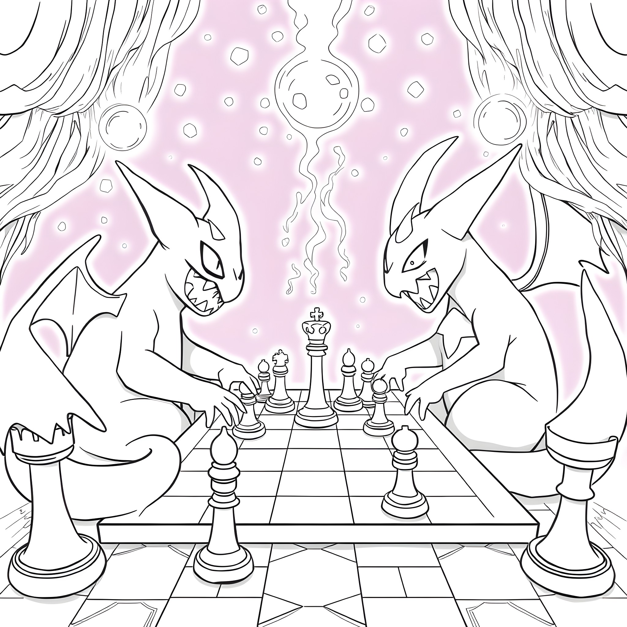 Gengar playing chess with itself Coloring Page (free black-and-white line drawing printable PDF for all, from beginners to advanced learners, including children, teens, adults, and seniors)