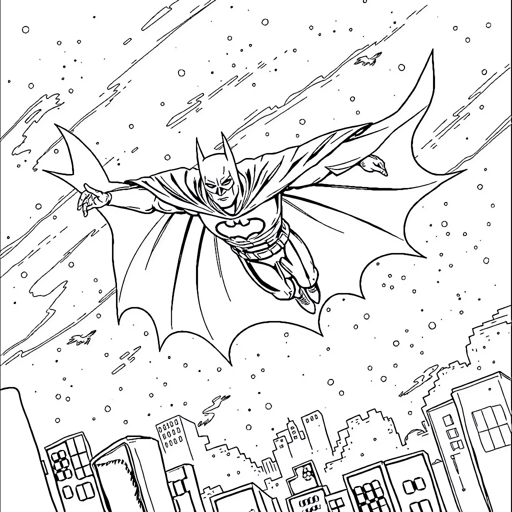 Batman Soaring through the Snowy City Skyline Coloring Page (free black-and-white line drawing printable PDF for all, from beginners to advanced learners, including children, teens, adults, and seniors)