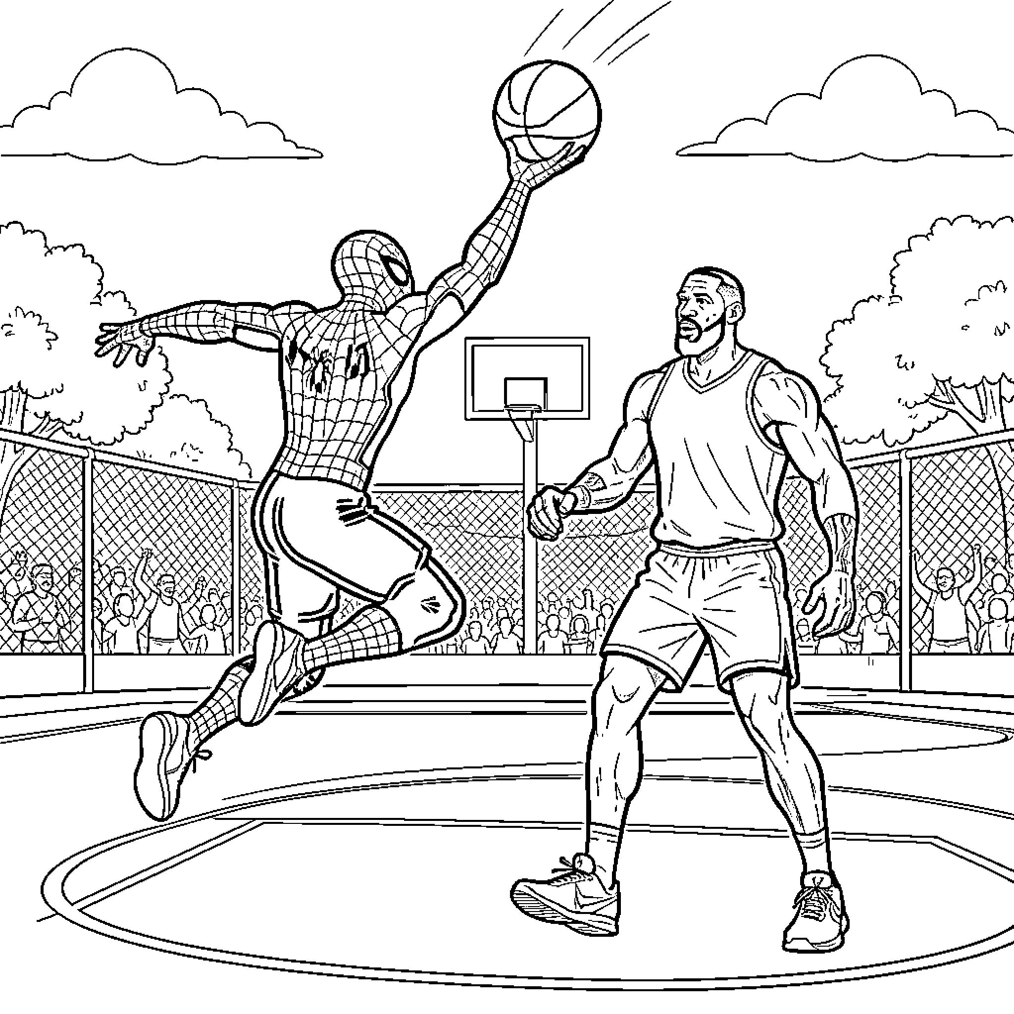 Spiderman performing a dramatic slam dunk on basketball court Coloring Page (free black-and-white line drawing printable PDF for all, from beginners to advanced learners, including children, teens, adults, and seniors)