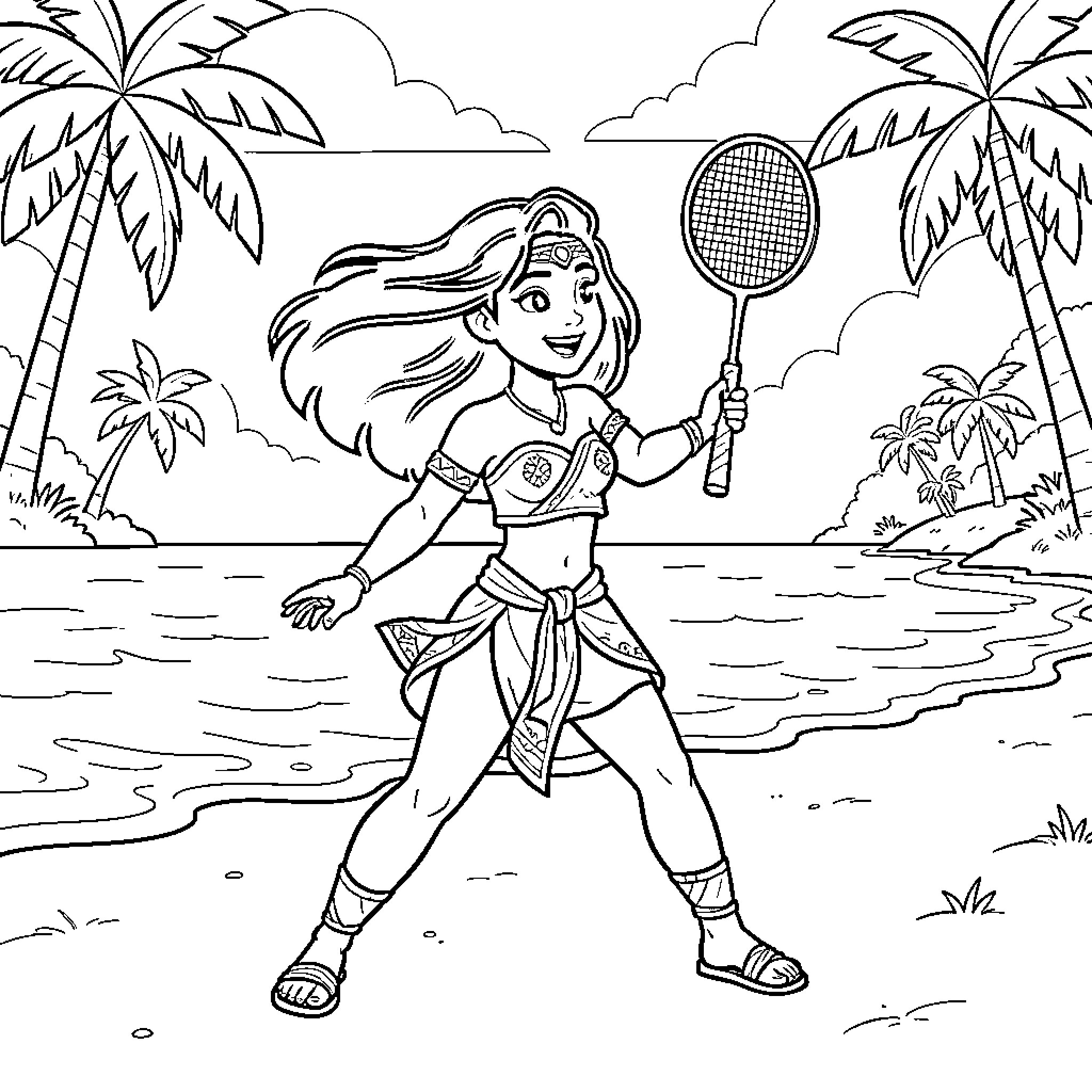 Vaiana playing tennis on a tropical beach Coloring Page (free black-and-white line drawing printable PDF for all, from beginners to advanced learners, including children, teens, adults, and seniors)