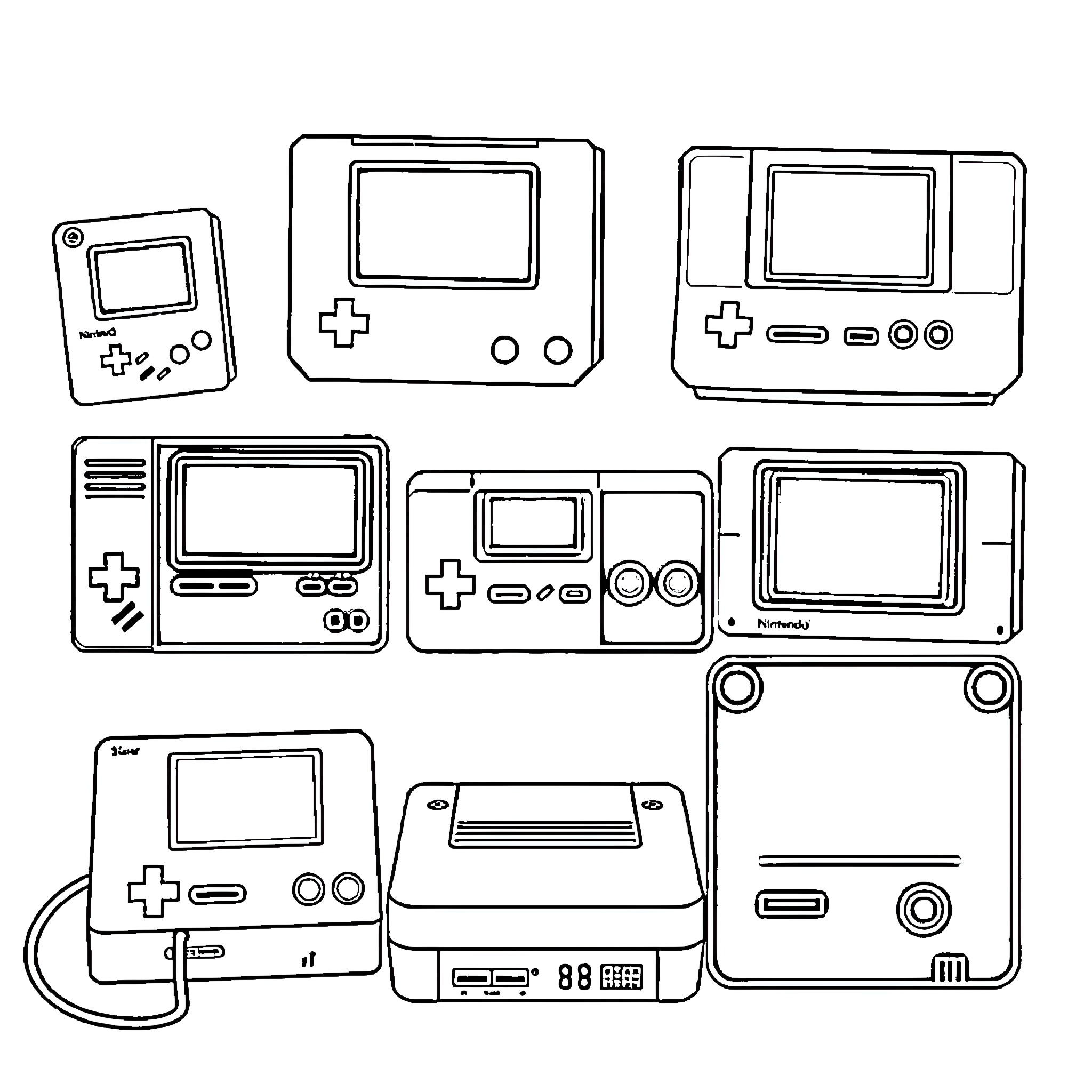 Nintendo Handheld Gaming Device Collection Coloring Page (free black-and-white line drawing printable PDF for all, from beginners to advanced learners, including children, teens, adults, and seniors)