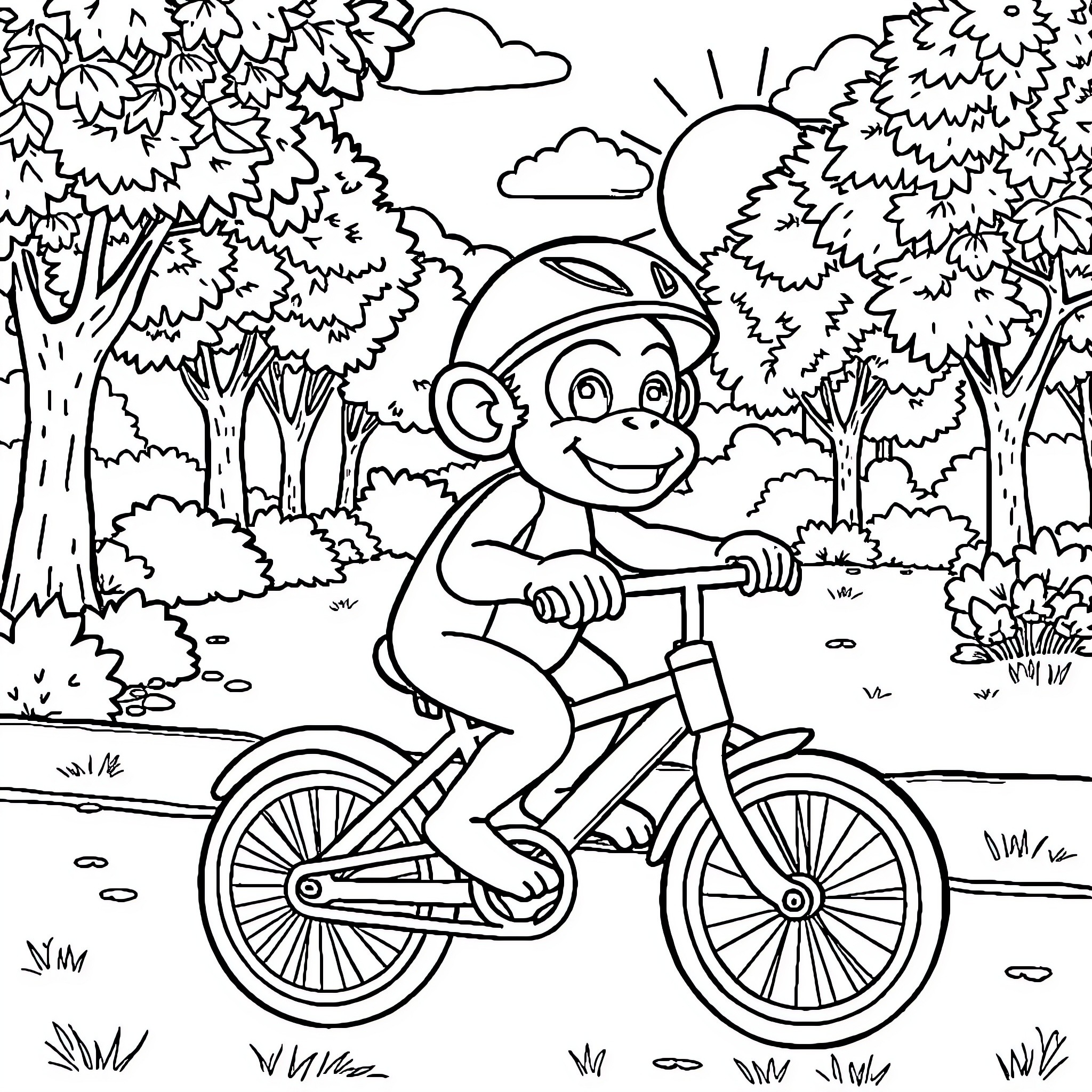 Monkey riding a bicycle through a forest Coloring Page (free black-and-white line drawing printable PDF for all, from beginners to advanced learners, including children, teens, adults, and seniors)