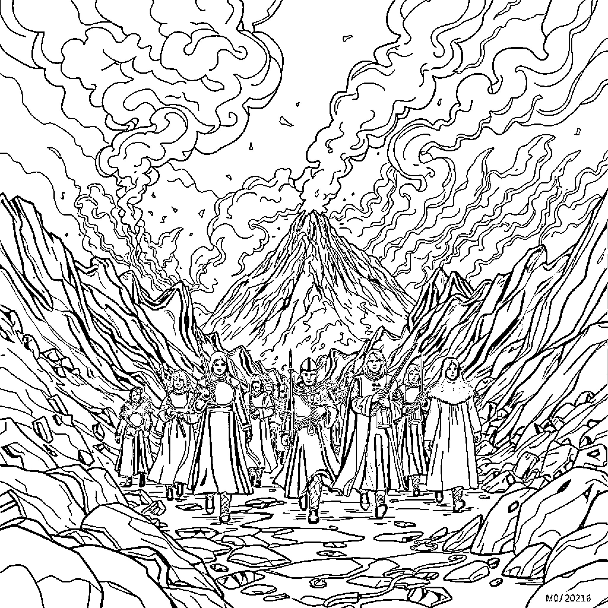 Band of adventurers journey through a surreal landscape Coloring Page (free black-and-white line drawing printable PDF for all, from beginners to advanced learners, including children, teens, adults, and seniors)