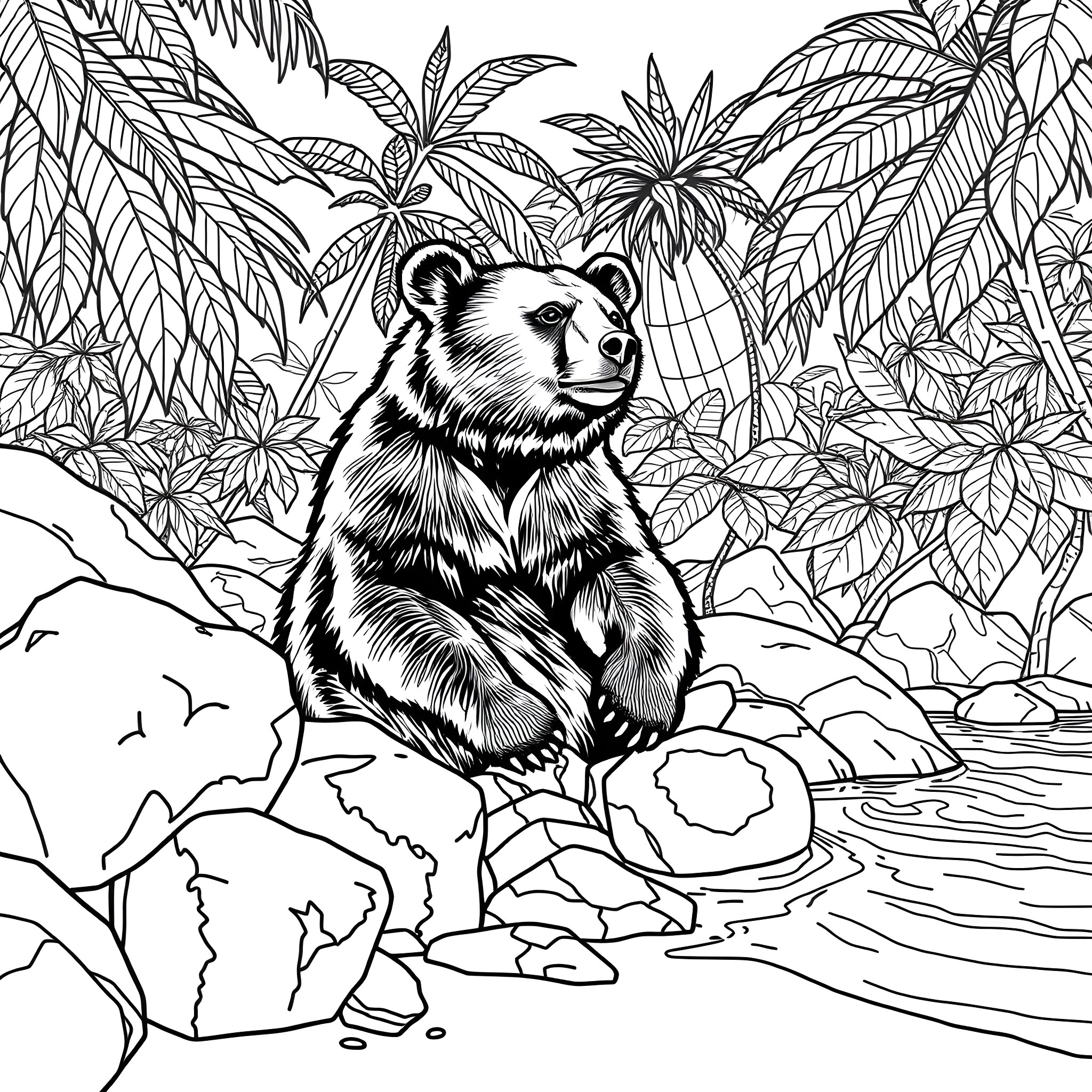Sun Bear enjoying the tropical forest scenery Coloring Page (free black-and-white line drawing printable PDF for all, from beginners to advanced learners, including children, teens, adults, and seniors)