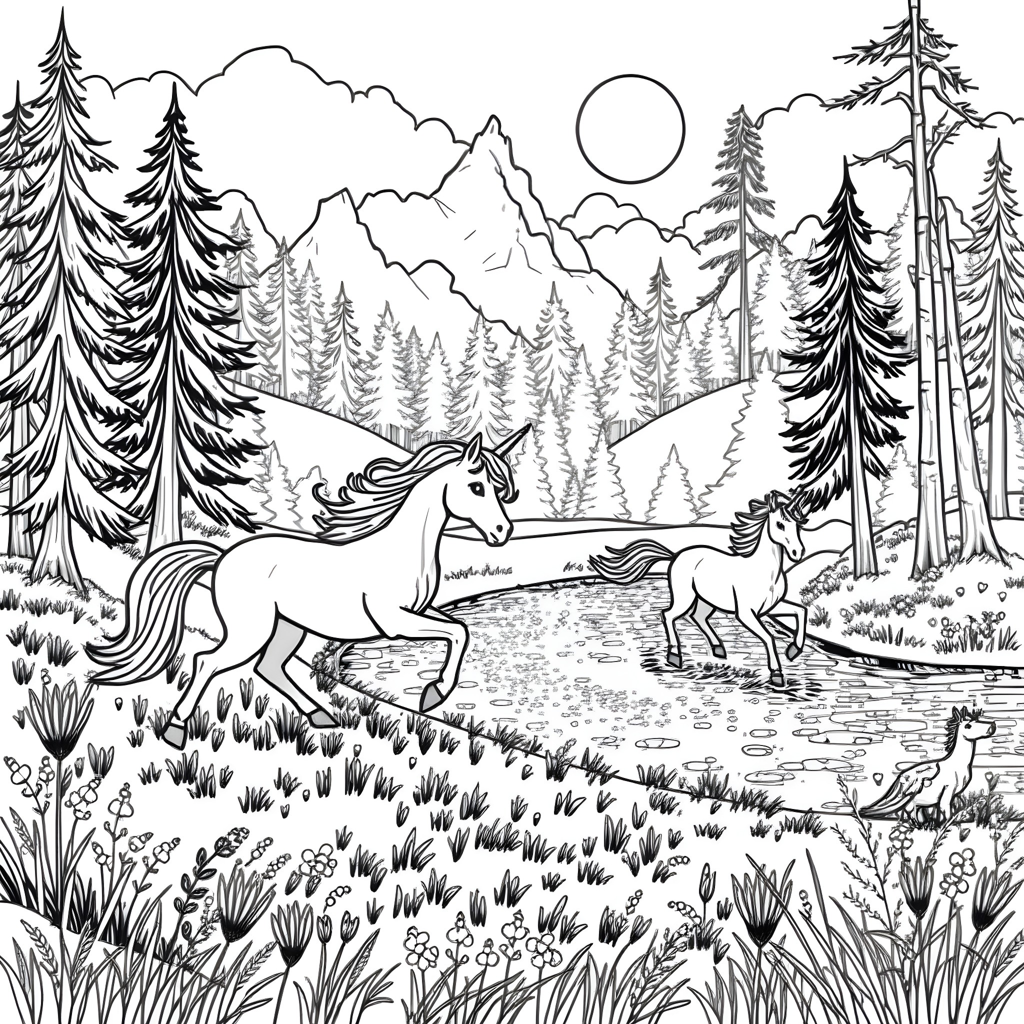 Unicorn Siblings Galloping Through Enchanting Forest Coloring Page (free black-and-white line drawing printable PDF for all, from beginners to advanced learners, including children, teens, adults, and seniors)
