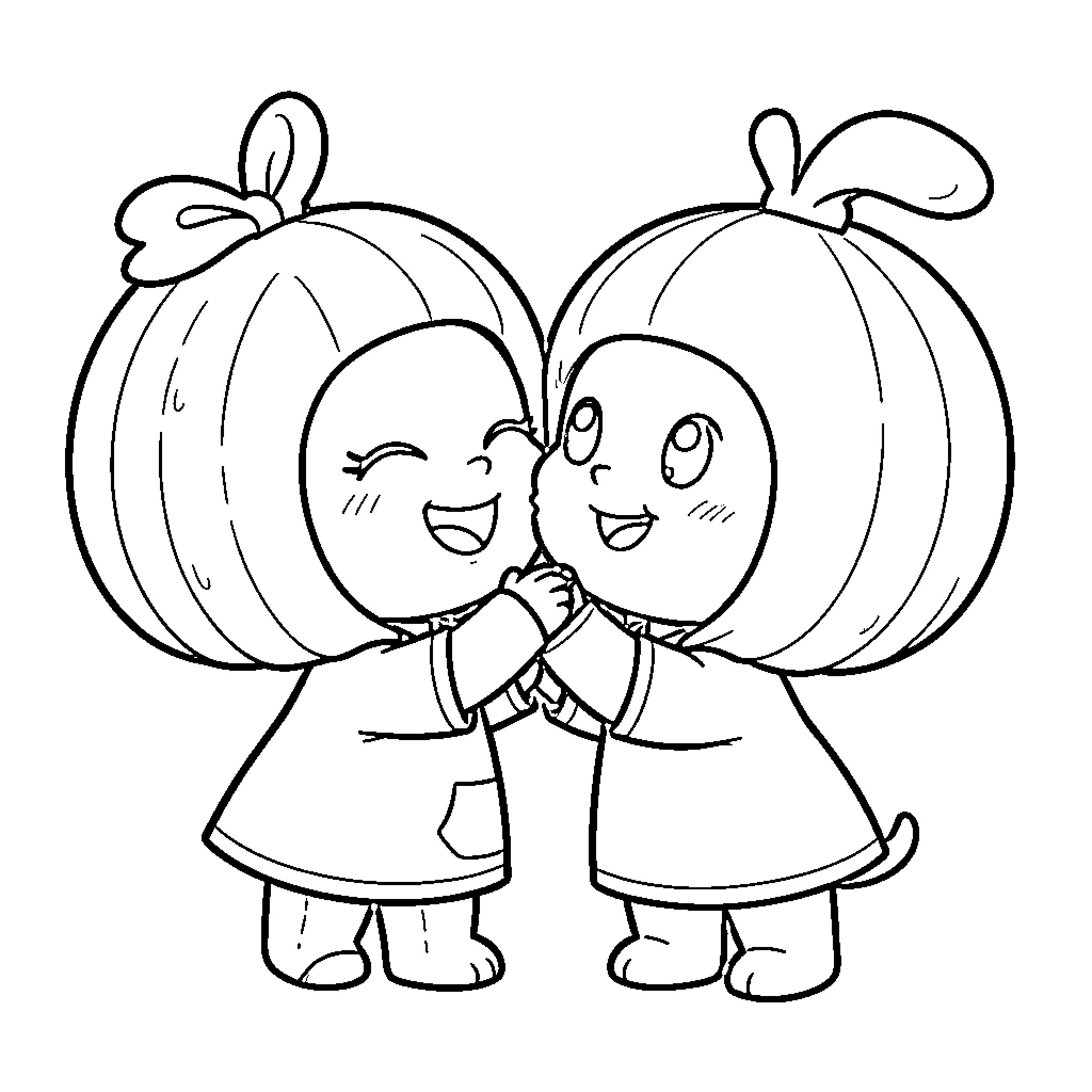Melonhead friends in whimsical poses Coloring Page (free black-and-white line drawing printable PDF for all, from beginners to advanced learners, including children, teens, adults, and seniors)