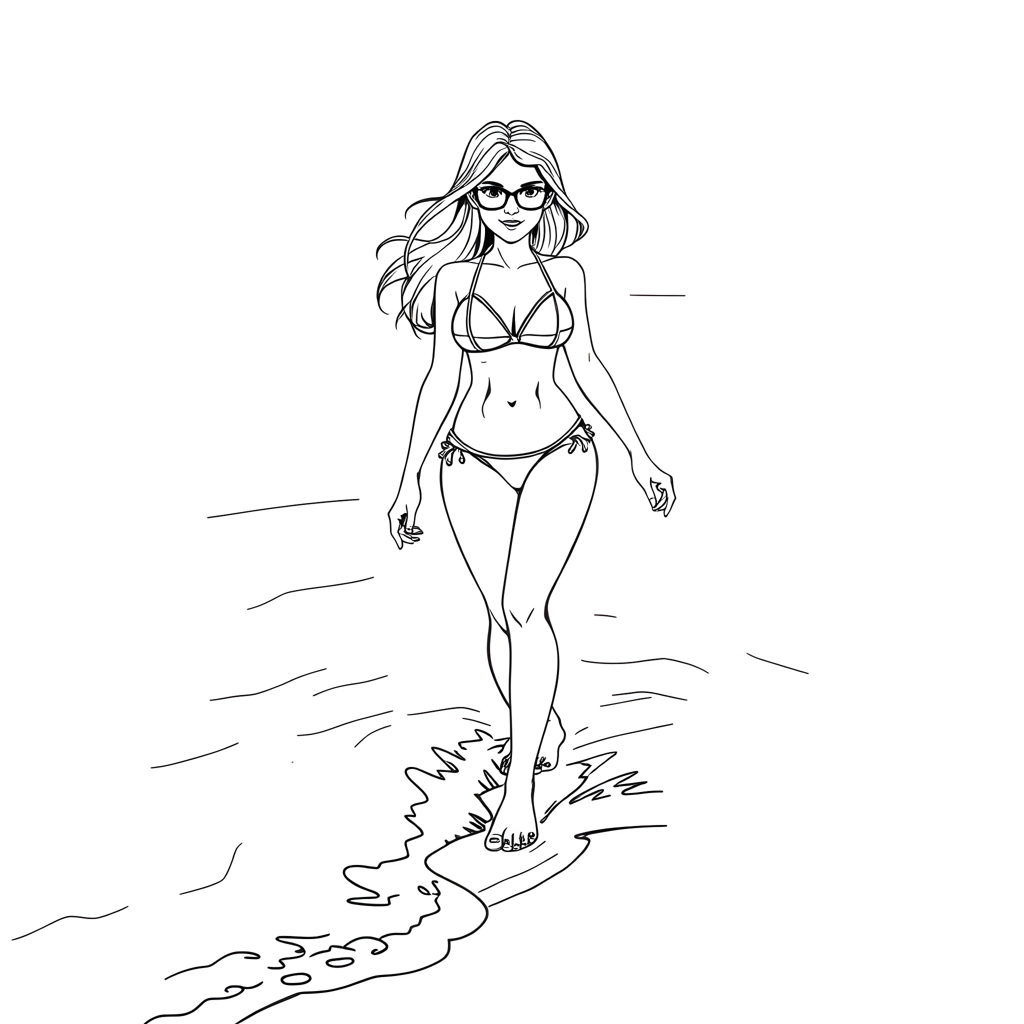 Girl in bikini walking on the beach Coloring Page (free black-and-white line drawing printable PDF for all, from beginners to advanced learners, including children, teens, adults, and seniors)