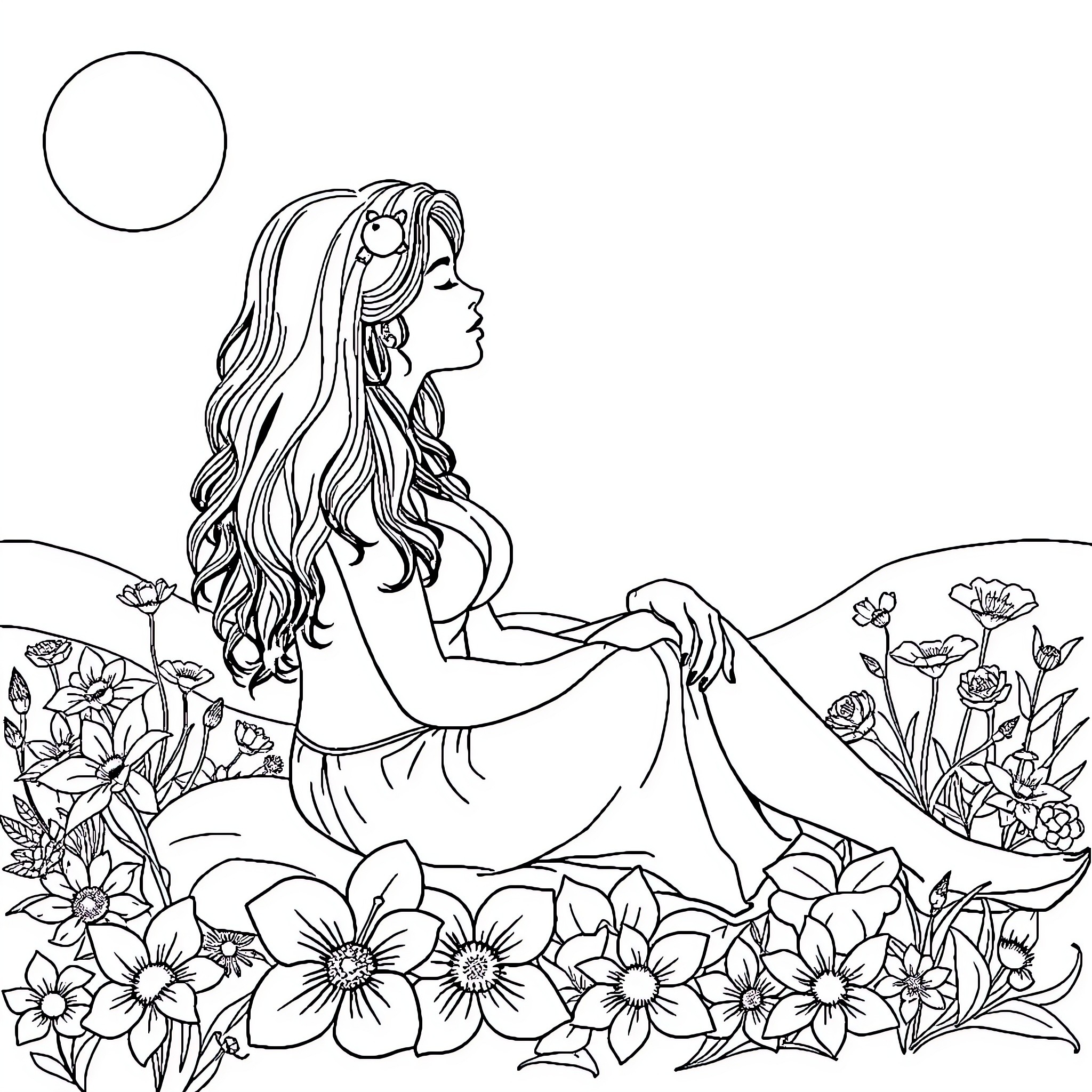 Andy Herrera - Woman with long hair sitting in flowers Coloring Page (free black-and-white line drawing printable PDF for all, from beginners to advanced learners, including children, teens, adults, and seniors)