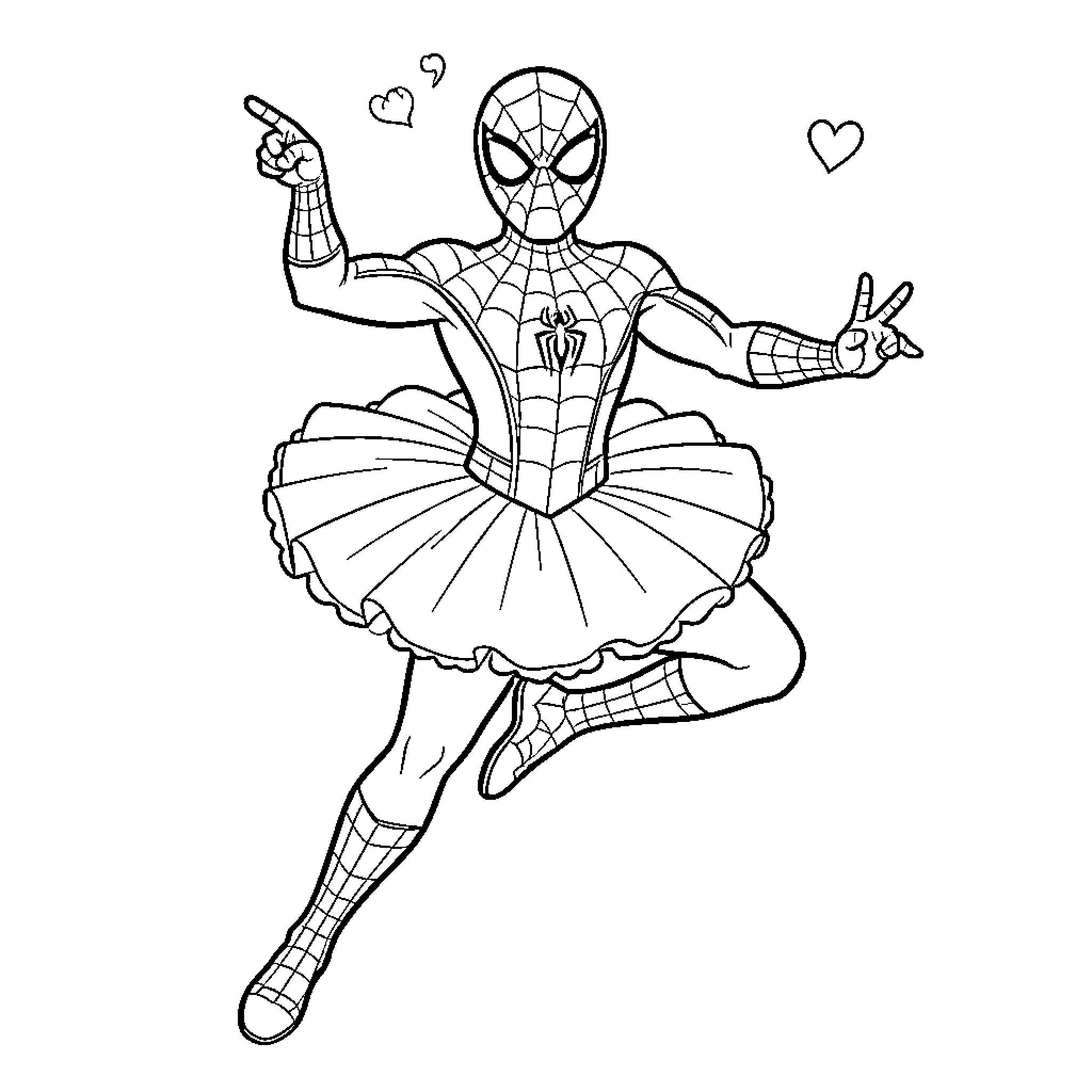 Spiderman wearing a tutu while dancing and posing Coloring Page (free black-and-white line drawing printable PDF for all, from beginners to advanced learners, including children, teens, adults, and seniors)