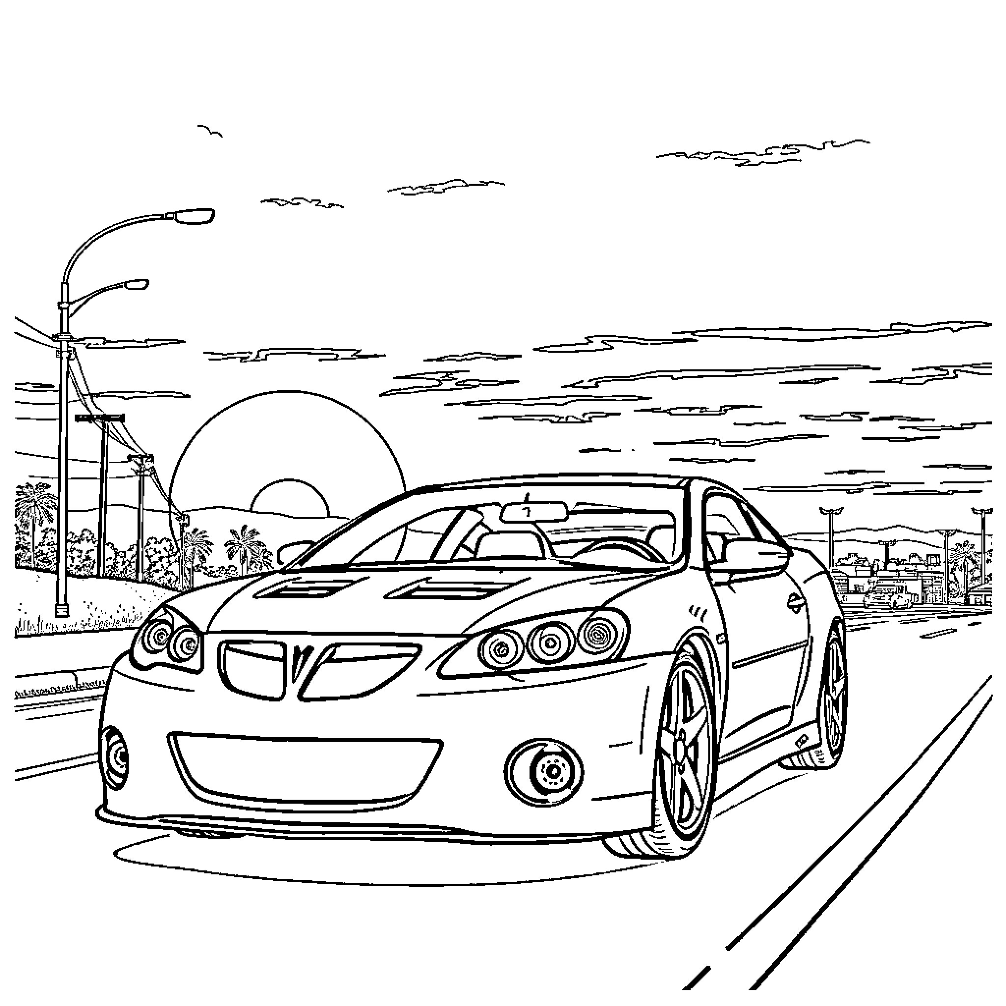 Pontiac sports car in urban sunset landscape Coloring Page (free black-and-white line drawing printable PDF for all, from beginners to advanced learners, including children, teens, adults, and seniors)