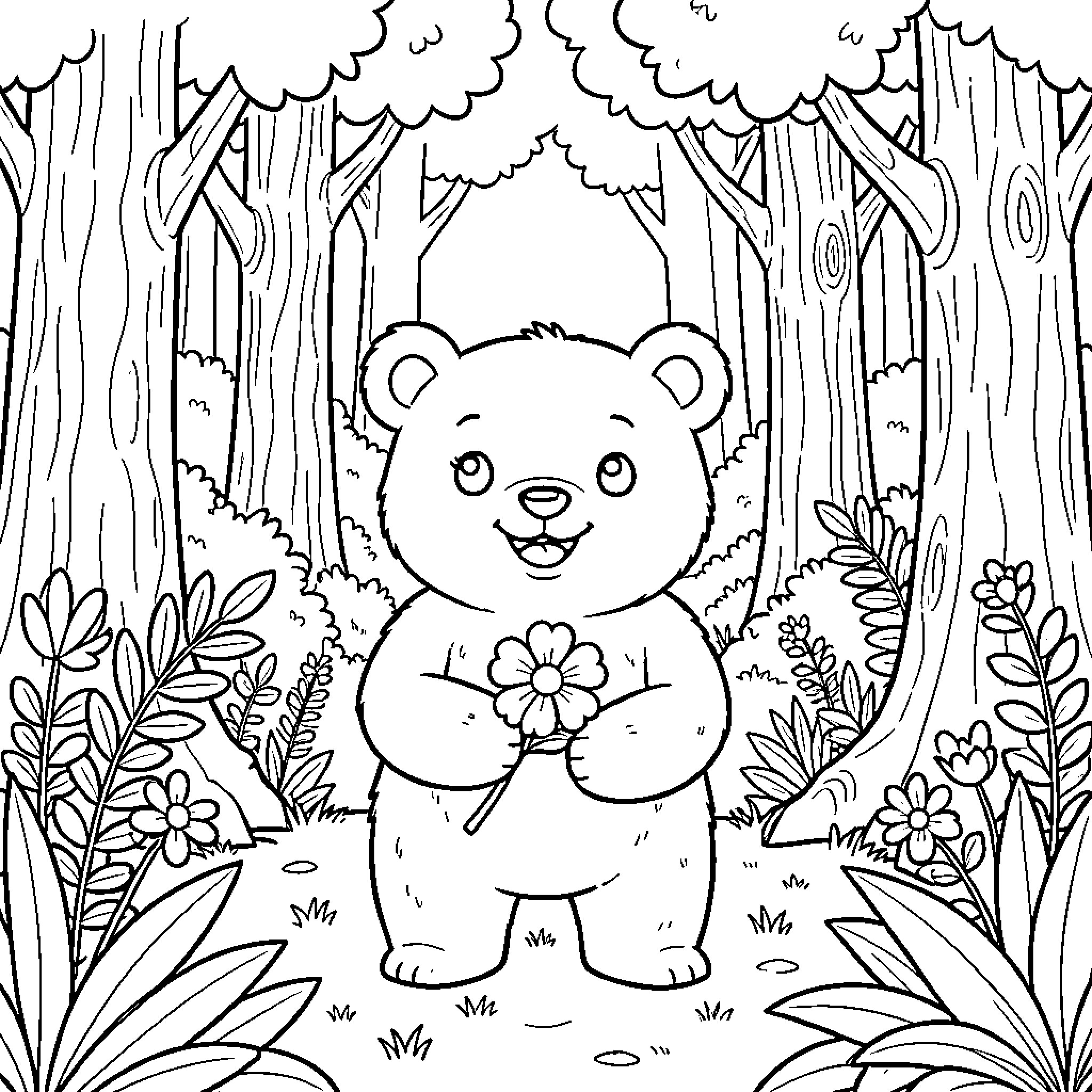 Bear in a Whimsical Forest Setting Coloring Page (free black-and-white line drawing printable PDF for all, from beginners to advanced learners, including children, teens, adults, and seniors)