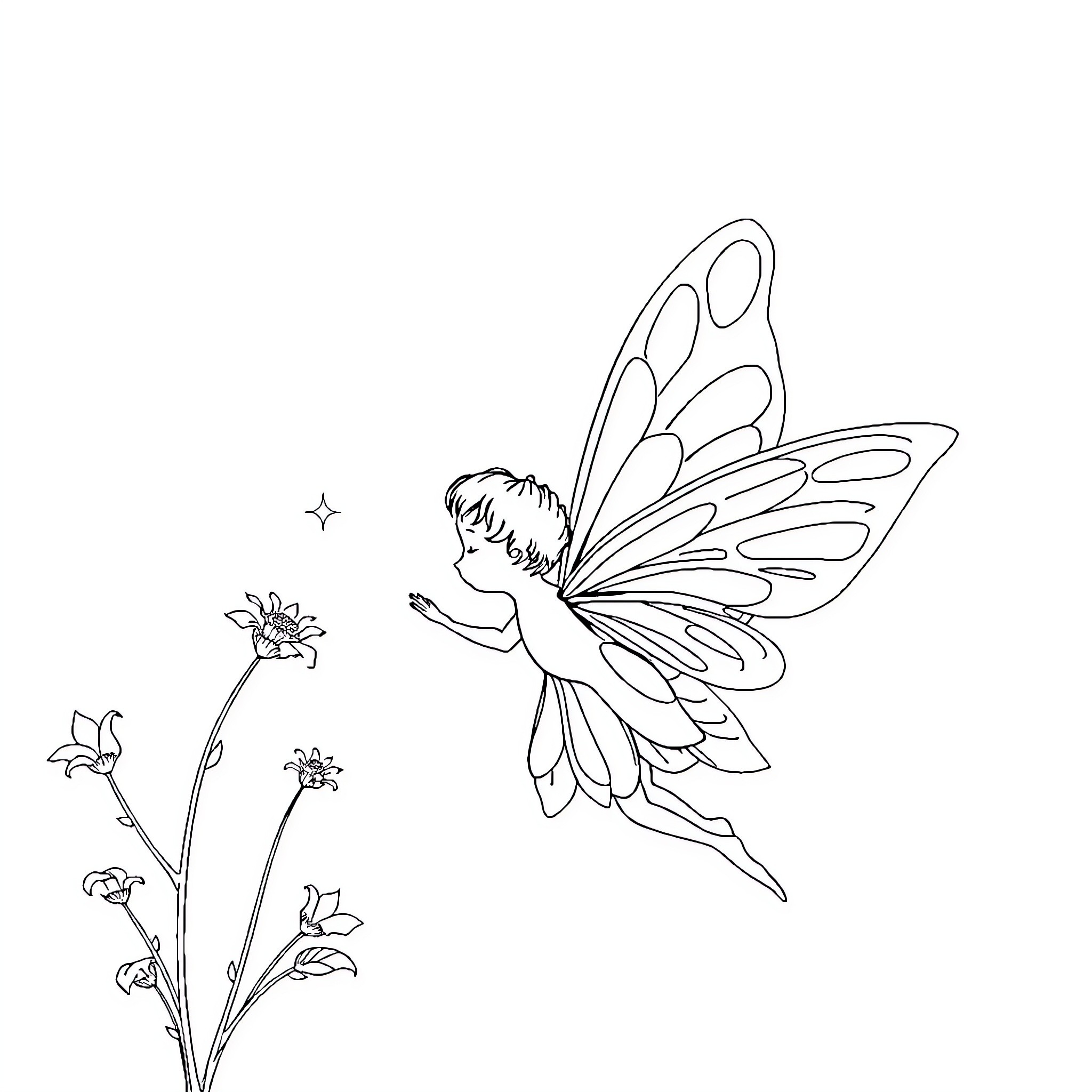Fairy flying gracefully among flowers Coloring Page (free black-and-white line drawing printable PDF for all, from beginners to advanced learners, including children, teens, adults, and seniors)