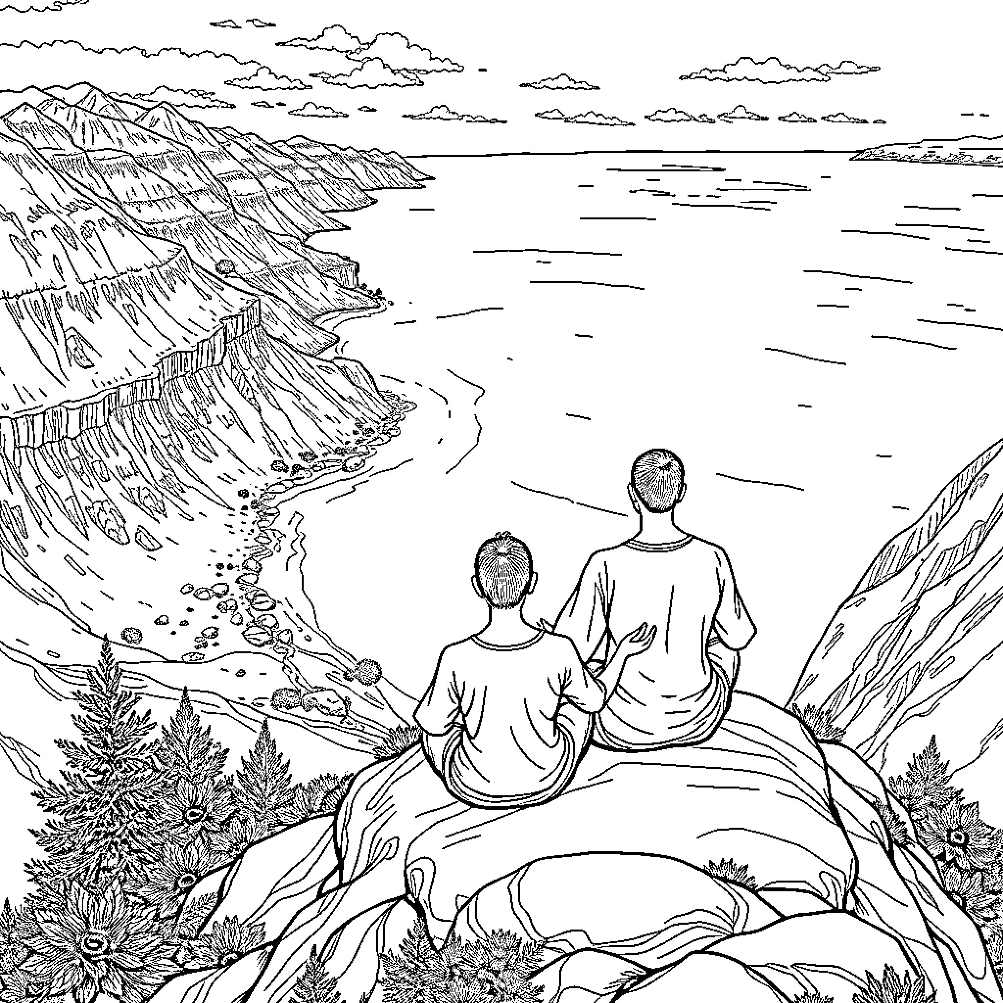 Meditators Overlooking Serene Landscape Coloring Page (free black-and-white line drawing printable PDF for all, from beginners to advanced learners, including children, teens, adults, and seniors)