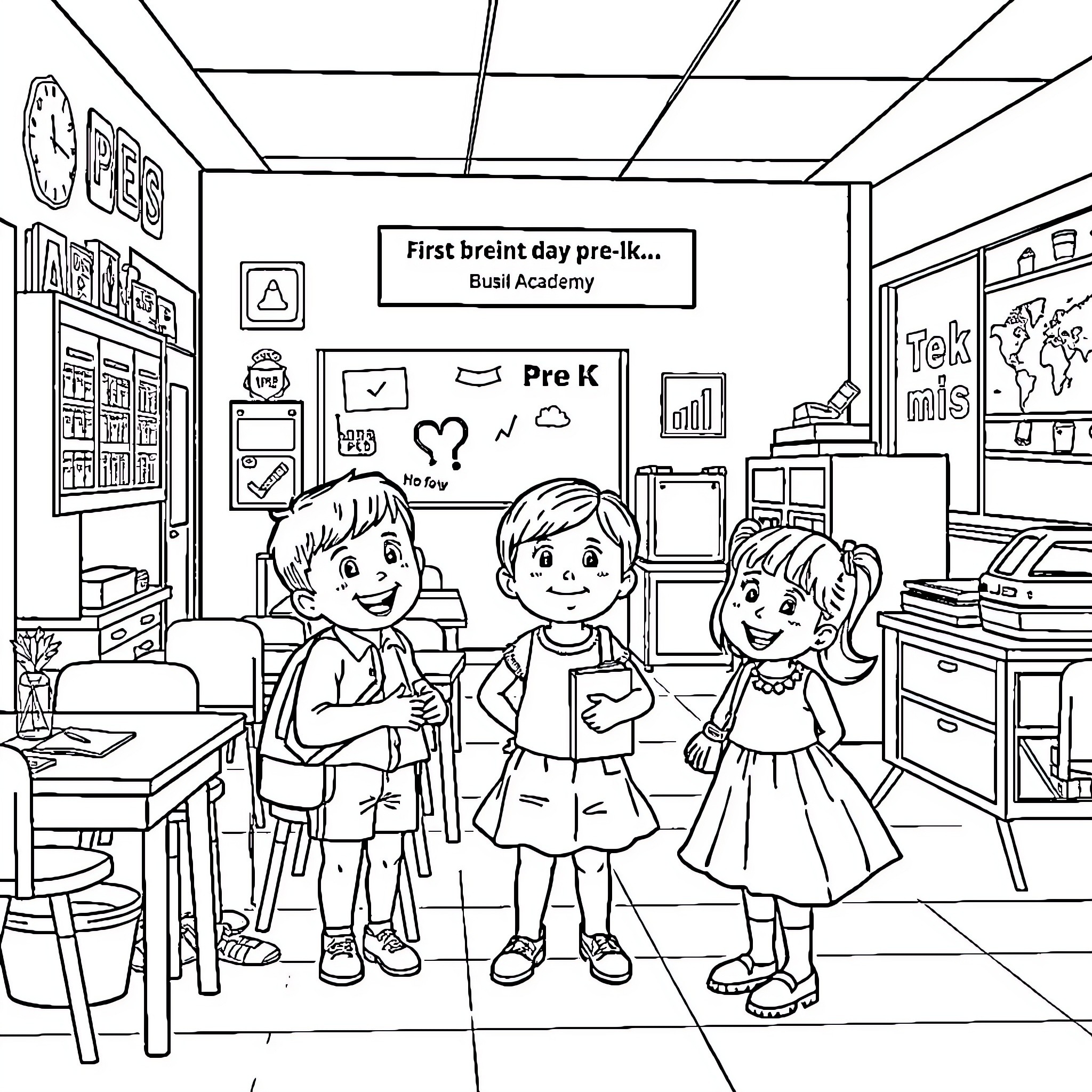 Pre-K Students Exploring Their First Day at School Coloring Page (free black-and-white line drawing printable PDF for all, from beginners to advanced learners, including children, teens, adults, and seniors)