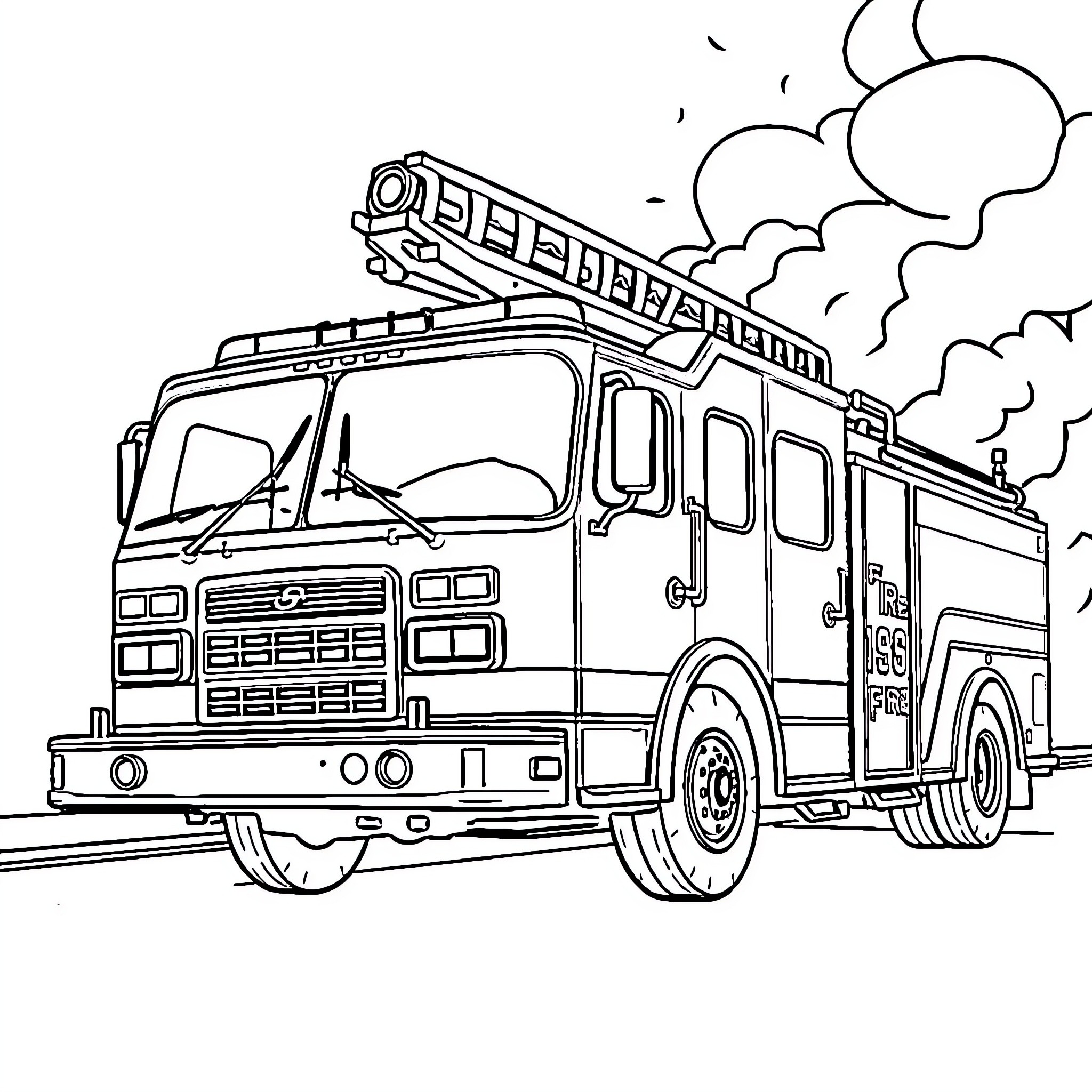 Fire Truck Speeding with Sirens Blaring Coloring Page (free black-and-white line drawing printable PDF for all, from beginners to advanced learners, including children, teens, adults, and seniors)