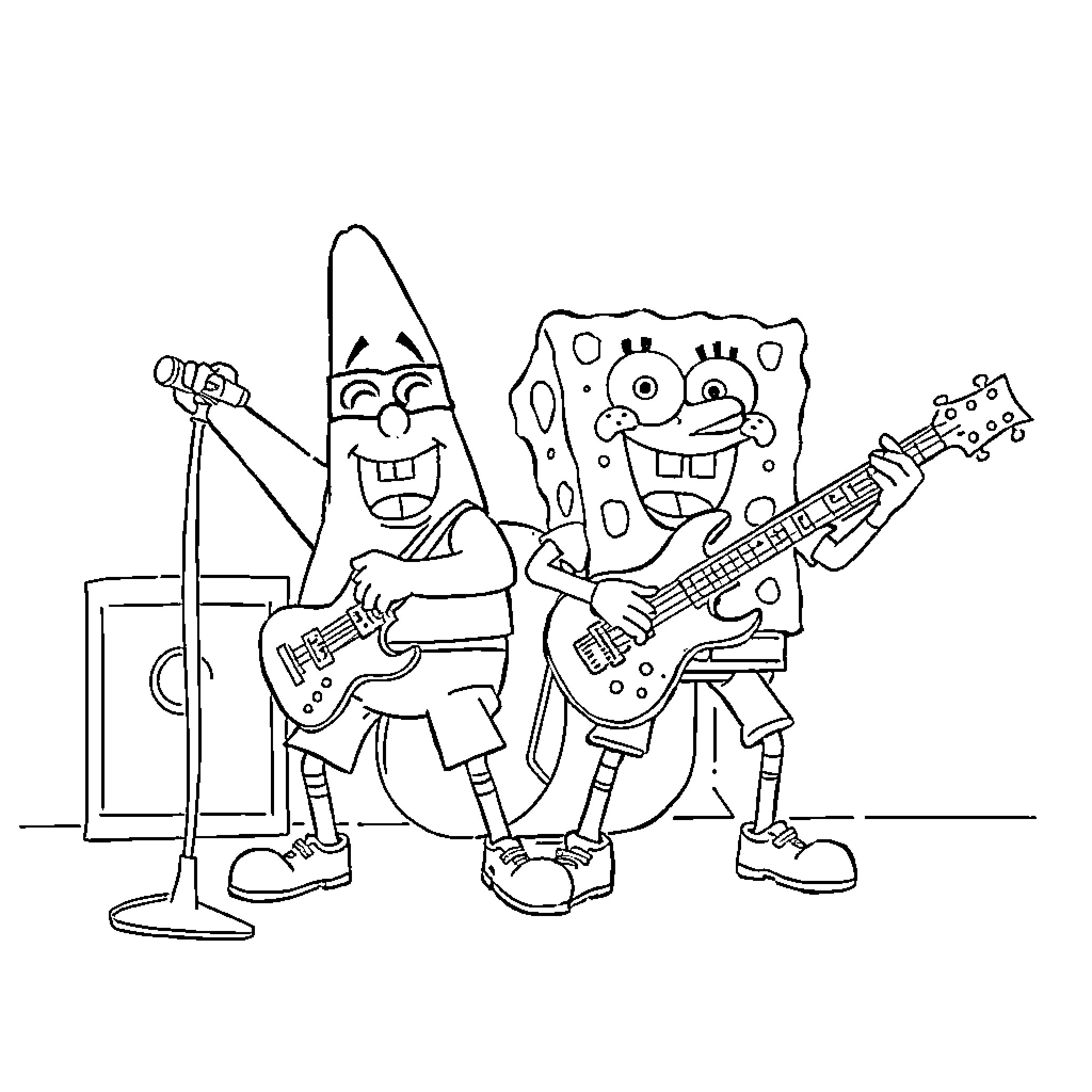 Patrick's Silly Musical Performance Coloring Page (free black-and-white line drawing printable PDF for all, from beginners to advanced learners, including children, teens, adults, and seniors)