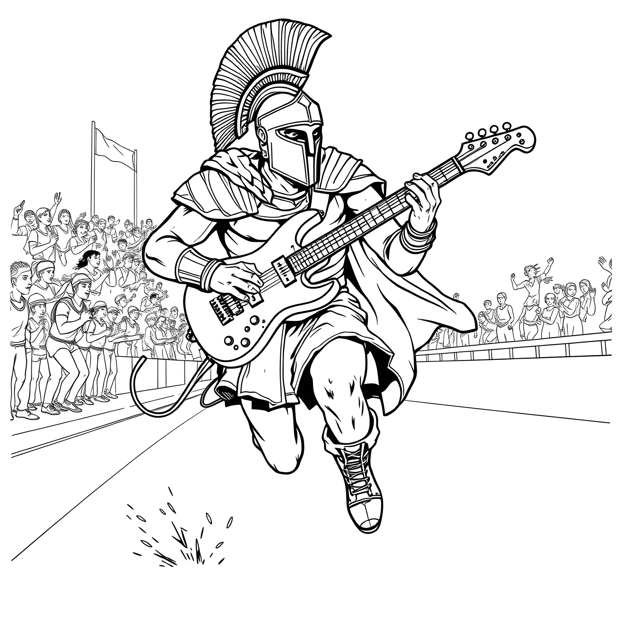 Spartan Warrior Rocks the Stage with Electric Guitar Coloring Page (free black-and-white line drawing printable PDF for all, from beginners to advanced learners, including children, teens, adults, and seniors)