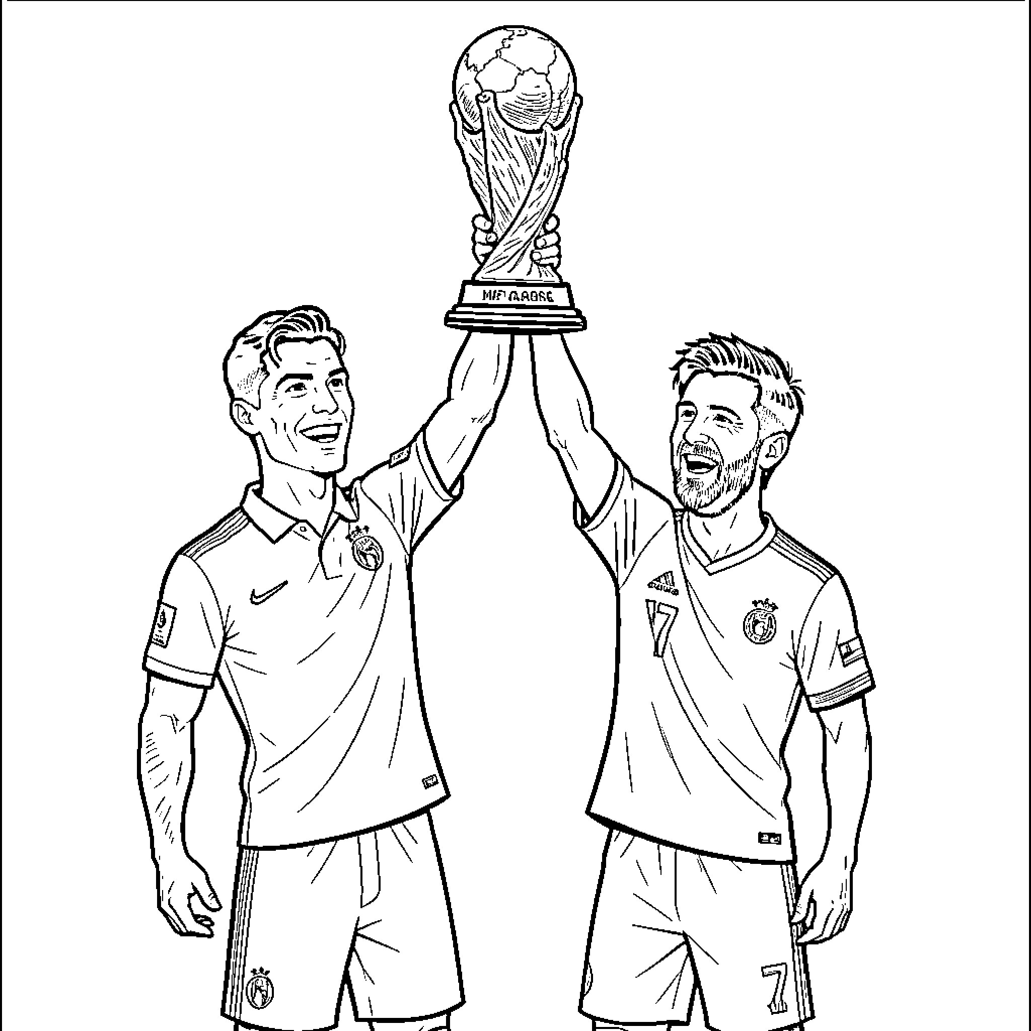 Ronaldo and teammate celebrating while holding a trophy Coloring Page (free black-and-white line drawing printable PDF for all, from beginners to advanced learners, including children, teens, adults, and seniors)