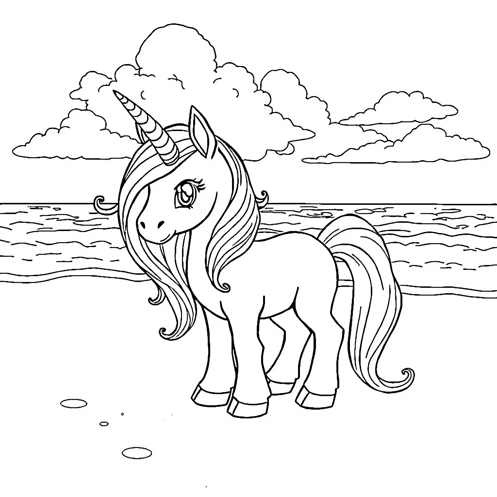 Pony by the Seashore with Cloudy Skies Coloring Page (free black-and-white line drawing printable PDF for all, from beginners to advanced learners, including children, teens, adults, and seniors)