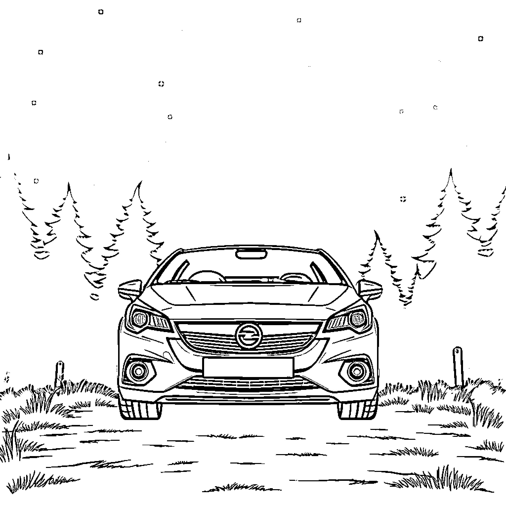 Opel Corsa parked in a grassy field Coloring Page (free black-and-white line drawing printable PDF for all, from beginners to advanced learners, including children, teens, adults, and seniors)