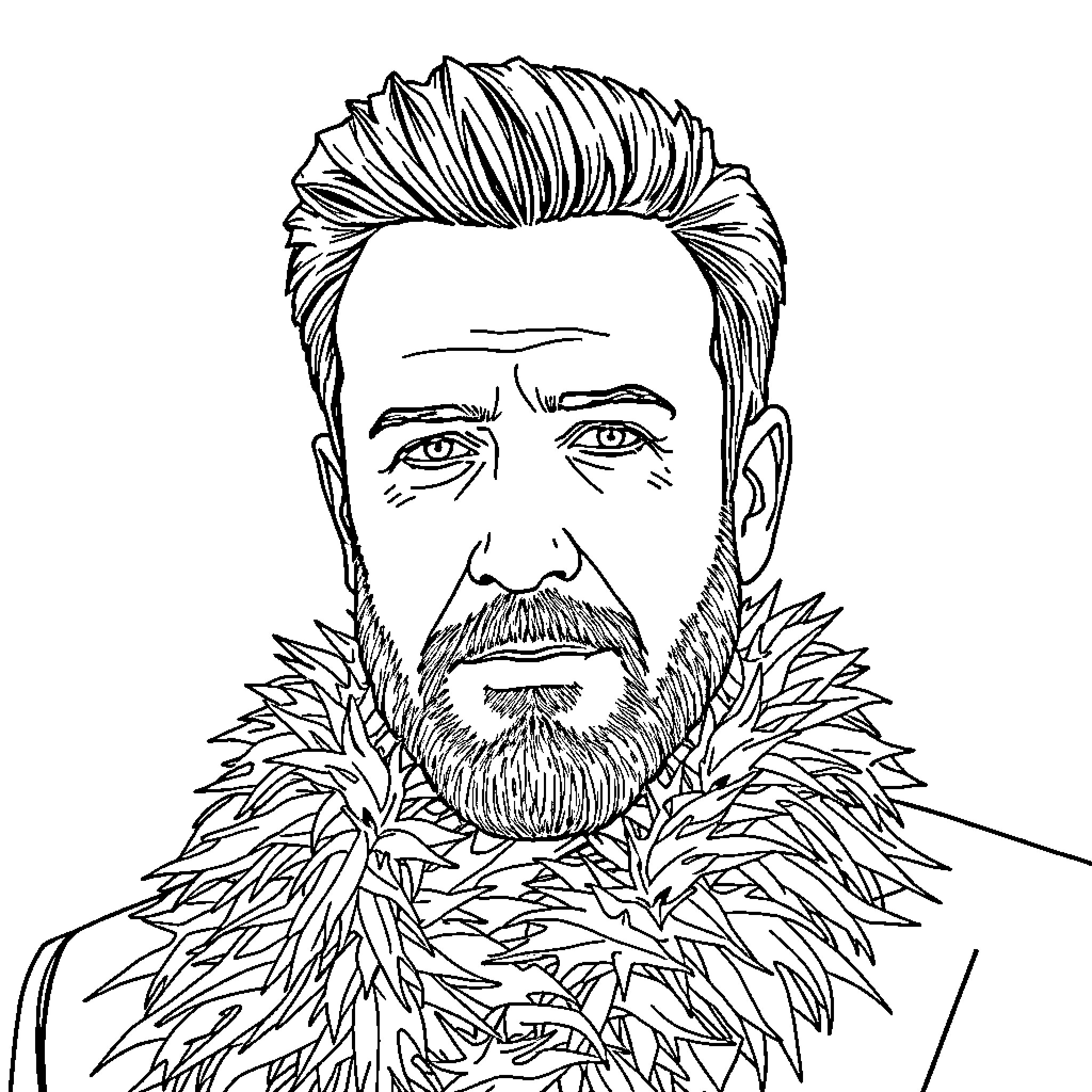 Ben Affleck's Pensive Expression with Ornate Facial Hair Coloring Page (free black-and-white line drawing printable PDF for all, from beginners to advanced learners, including children, teens, adults, and seniors)