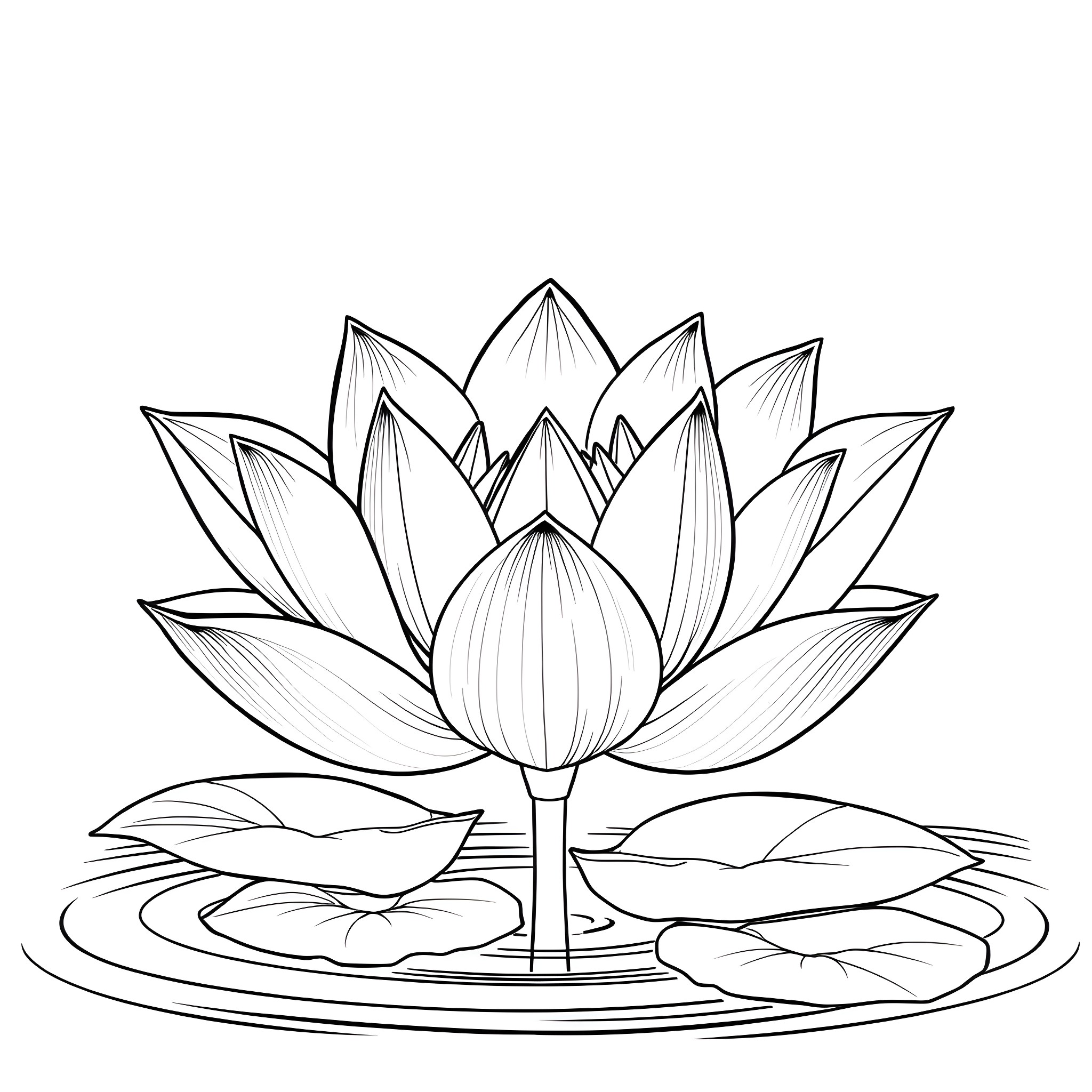 Lotus Flower Blooming on the Water Coloring Page (free black-and-white line drawing printable PDF for all, from beginners to advanced learners, including children, teens, adults, and seniors)