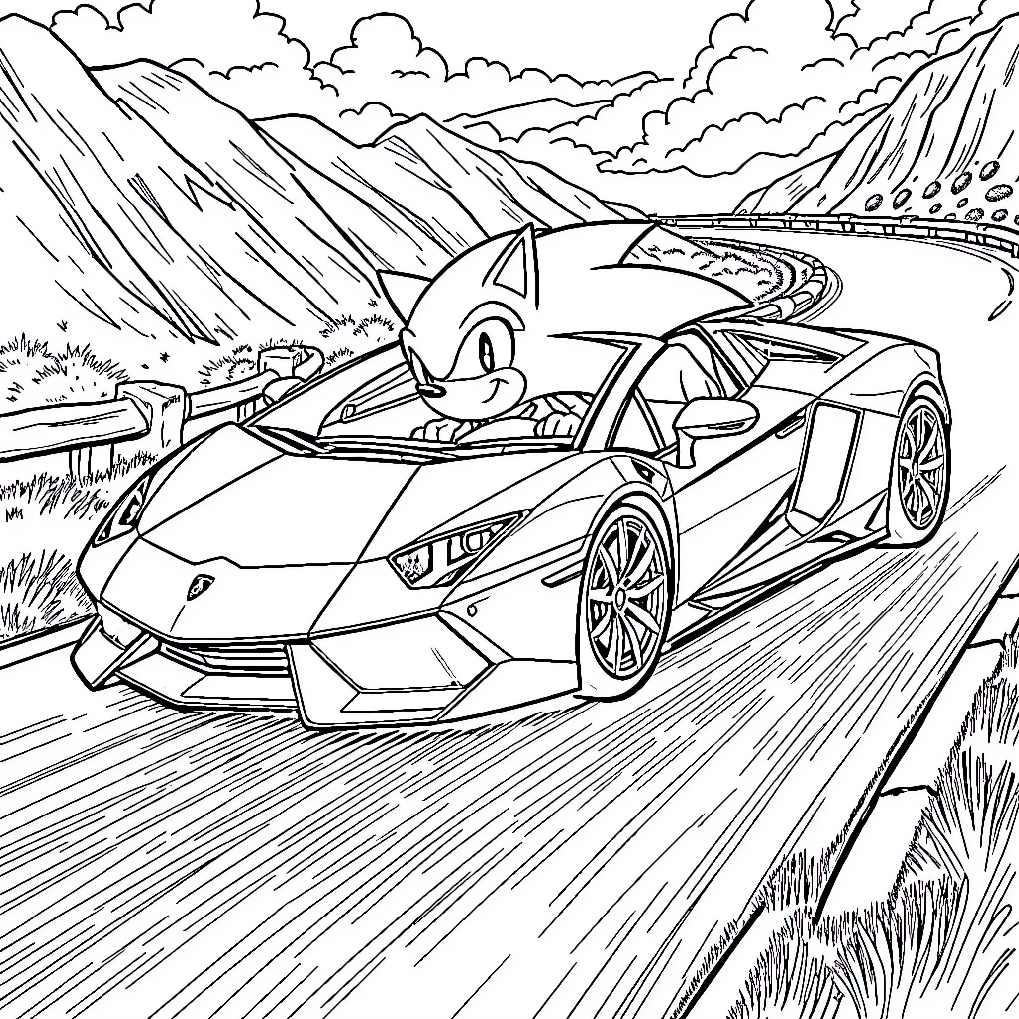 Sonic's thrilling drive through the scenic mountains Coloring Page (free black-and-white line drawing printable PDF for all, from beginners to advanced learners, including children, teens, adults, and seniors)