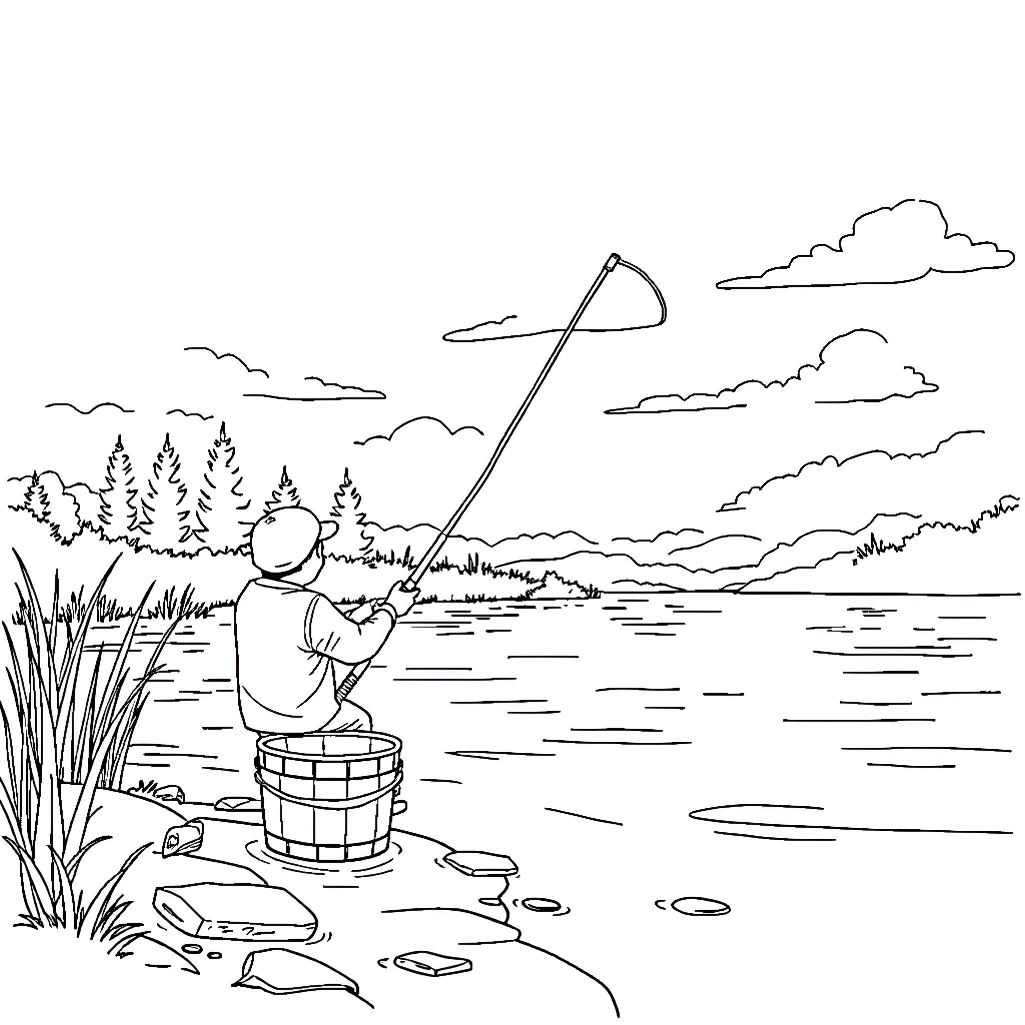 Fishing in a serene natural landscape Coloring Page (free black-and-white line drawing printable PDF for all, from beginners to advanced learners, including children, teens, adults, and seniors)