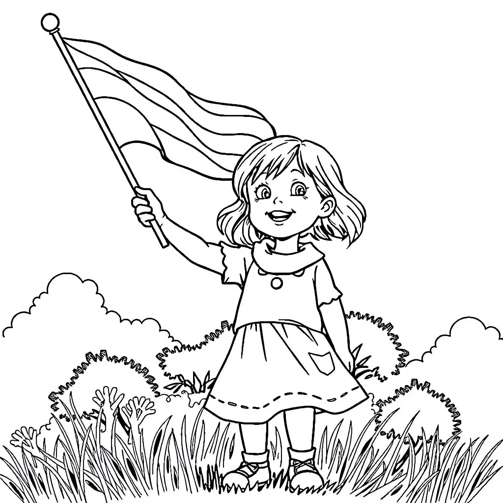 Girl waving flag in grassy field Coloring Page (free black-and-white line drawing printable PDF for all, from beginners to advanced learners, including children, teens, adults, and seniors)