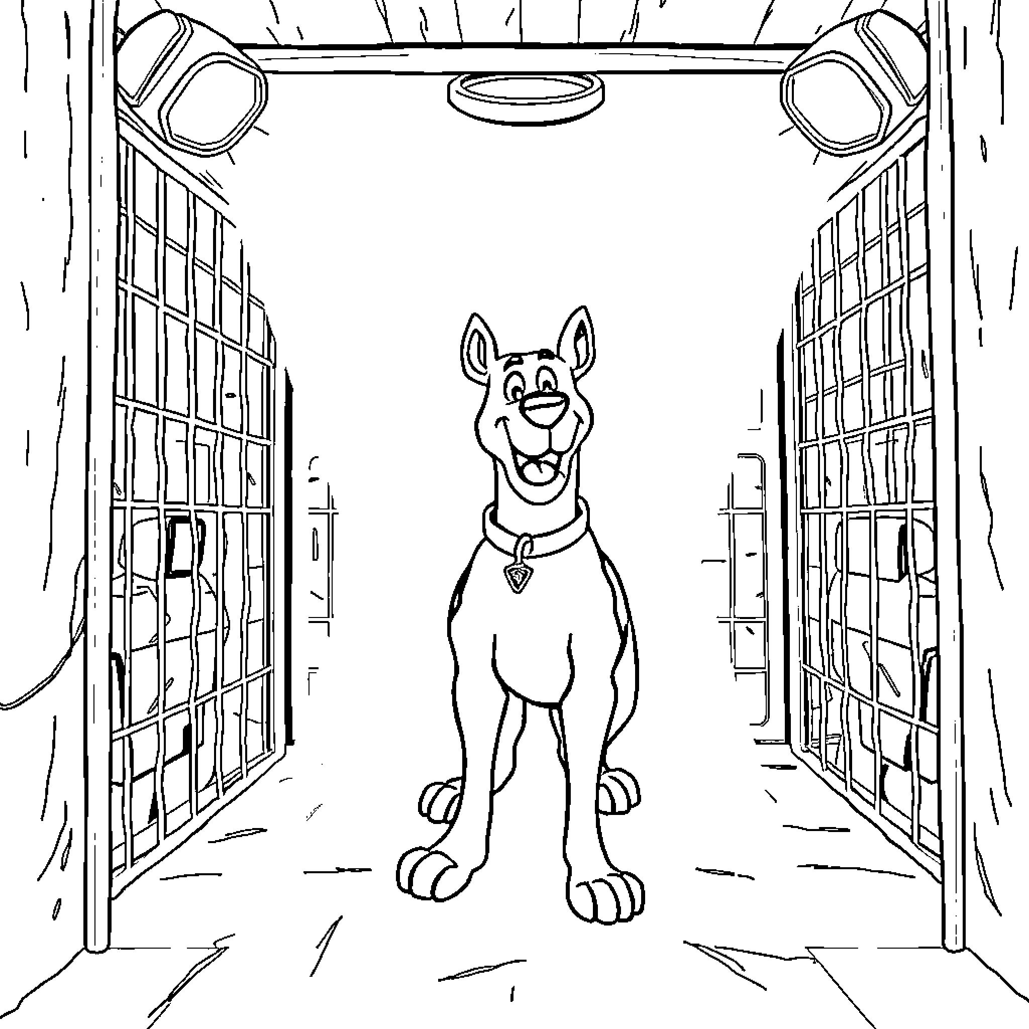 Scooby Doo in an Exciting Adventure Coloring Page (free black-and-white line drawing printable PDF for all, from beginners to advanced learners, including children, teens, adults, and seniors)