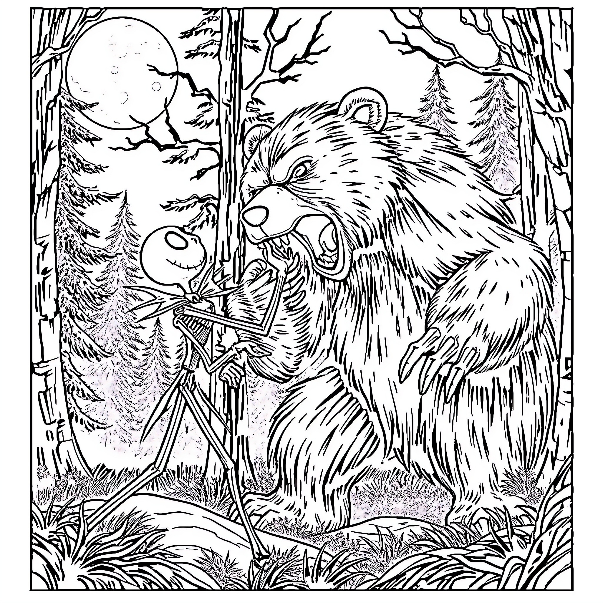 Jack Skellington encounters a fearsome forest creature Coloring Page (free black-and-white line drawing printable PDF for all, from beginners to advanced learners, including children, teens, adults, and seniors)
