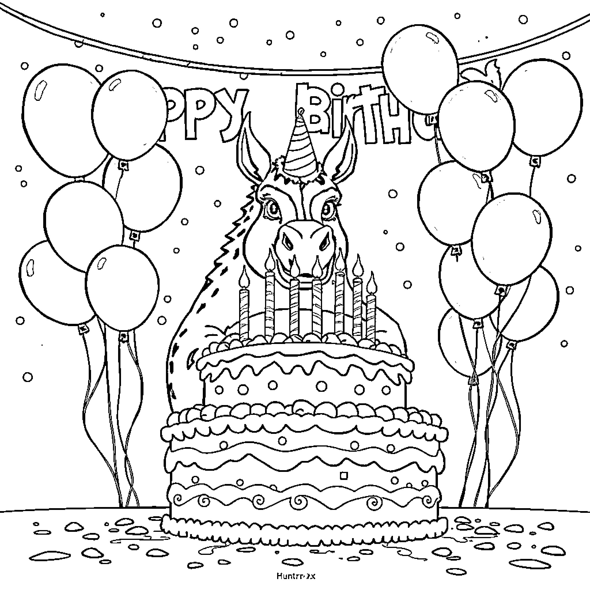 HUNTR/X Happy Birthday Celebration with Cake and Balloons Coloring Page (free black-and-white line drawing printable PDF for all, from beginners to advanced learners, including children, teens, adults, and seniors)