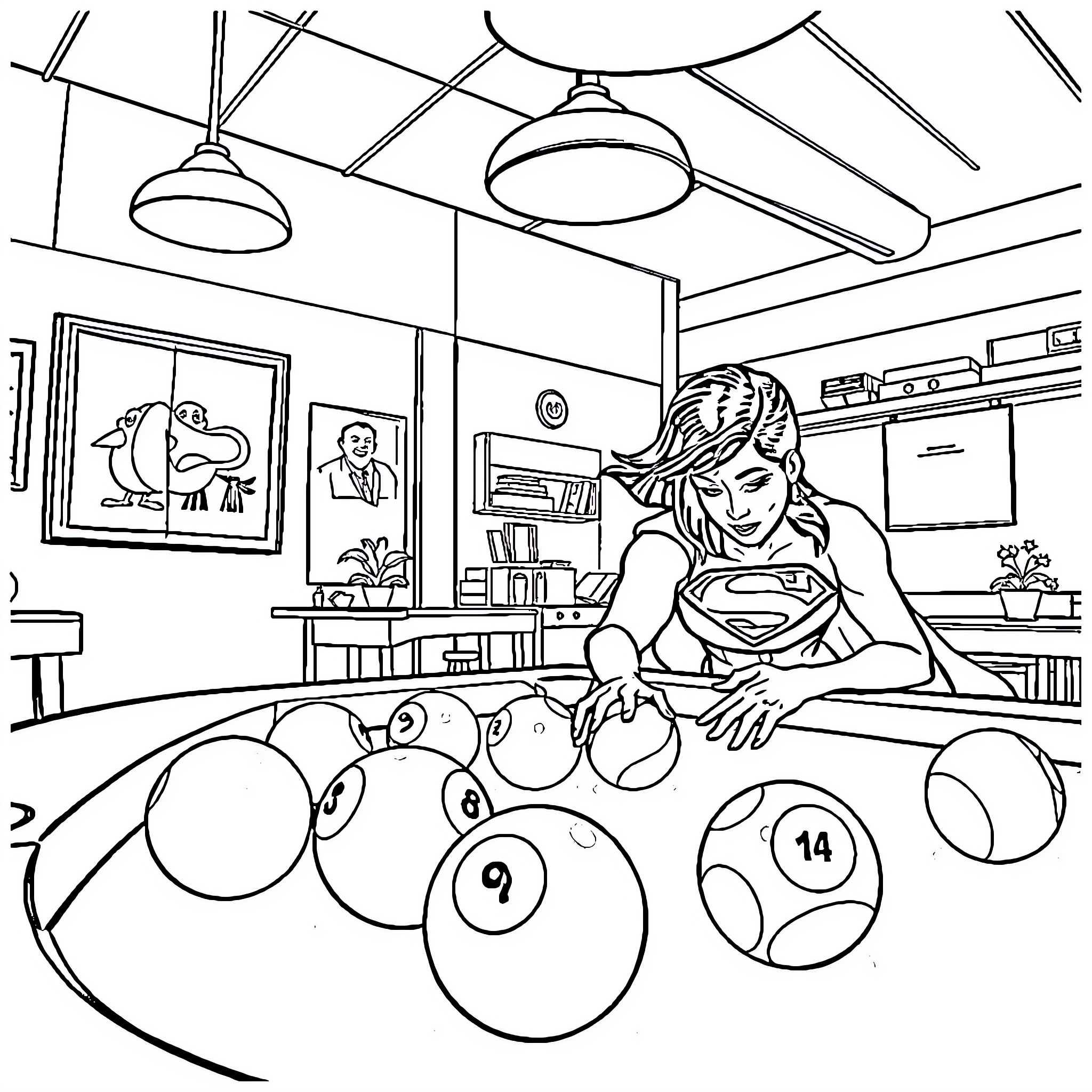 Mom playing pool with friends in the family room Coloring Page (free black-and-white line drawing printable PDF for all, from beginners to advanced learners, including children, teens, adults, and seniors)