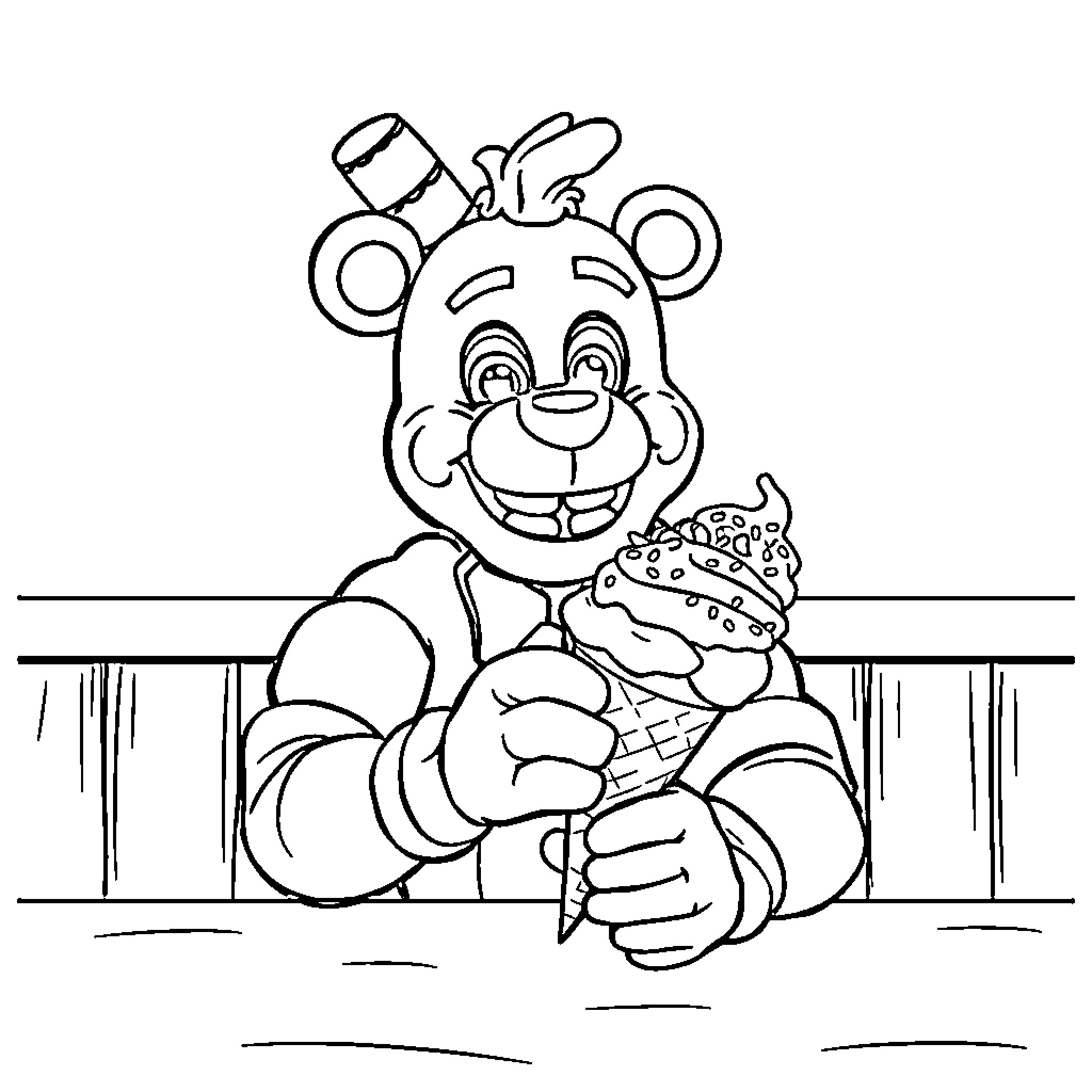 Freddy's Delightful Ice Cream Treat Coloring Page (free black-and-white line drawing printable PDF for all, from beginners to advanced learners, including children, teens, adults, and seniors)