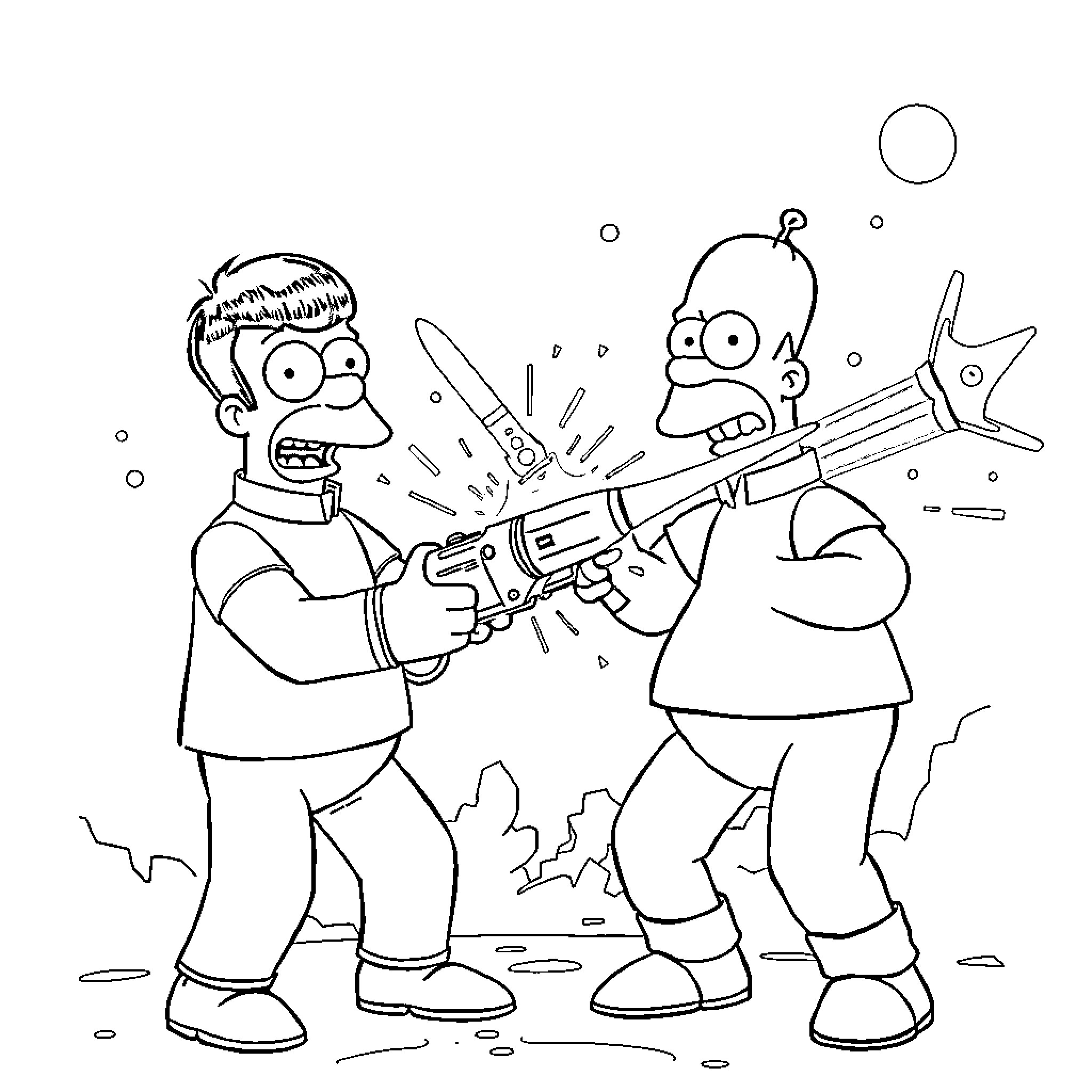 Spock comically struggles with laser gun Coloring Page (free black-and-white line drawing printable PDF for all, from beginners to advanced learners, including children, teens, adults, and seniors)