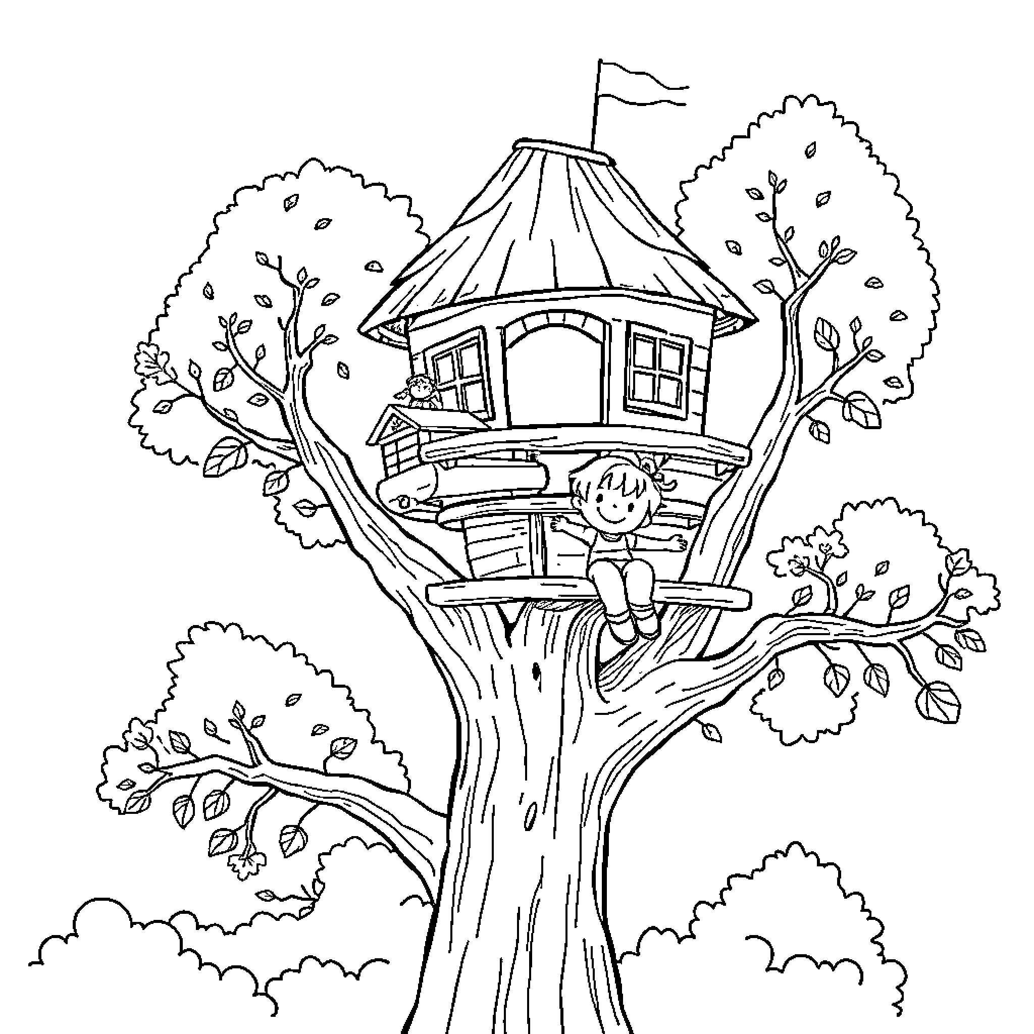 Child playing in a whimsical tree house Coloring Page (free black-and-white line drawing printable PDF for all, from beginners to advanced learners, including children, teens, adults, and seniors)