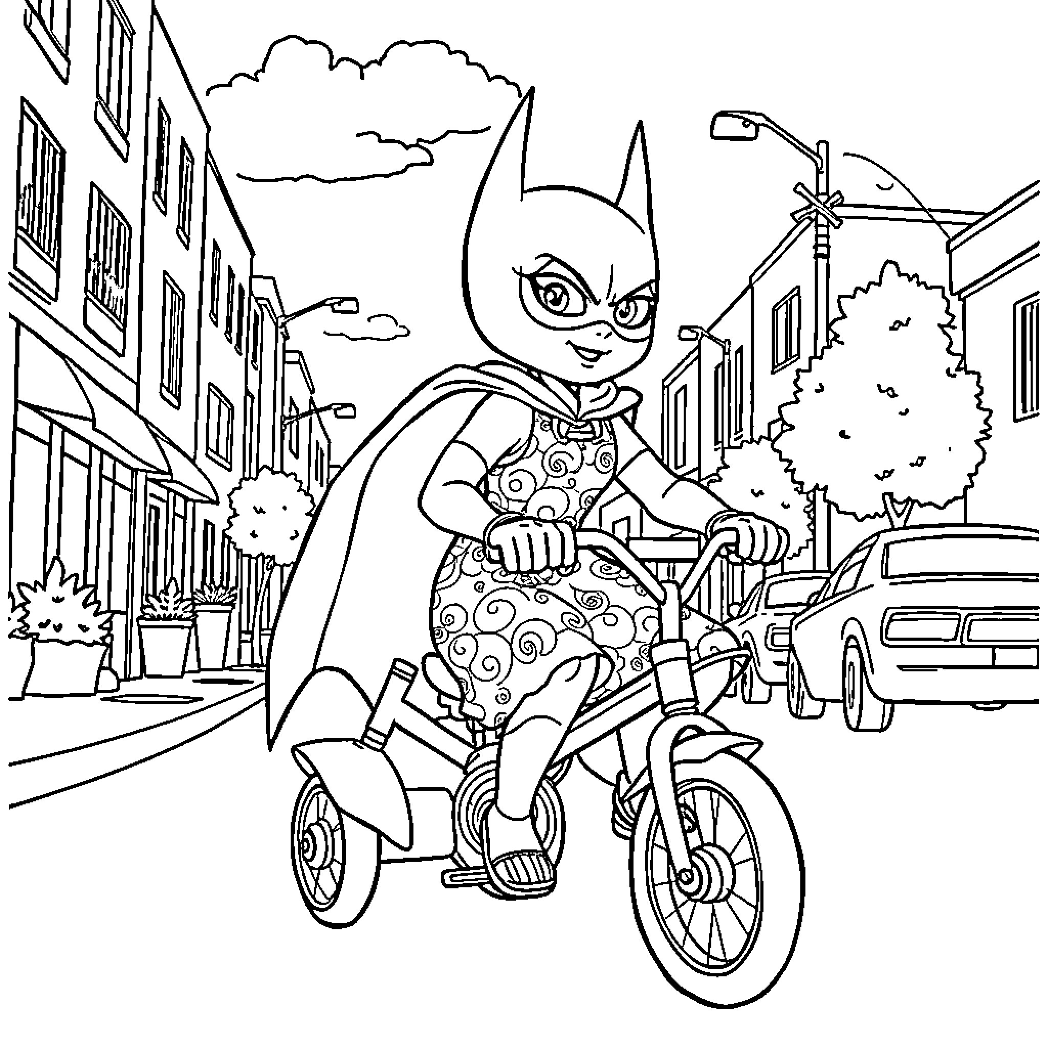 Batman riding a tricycle through the city Coloring Page (free black-and-white line drawing printable PDF for all, from beginners to advanced learners, including children, teens, adults, and seniors)