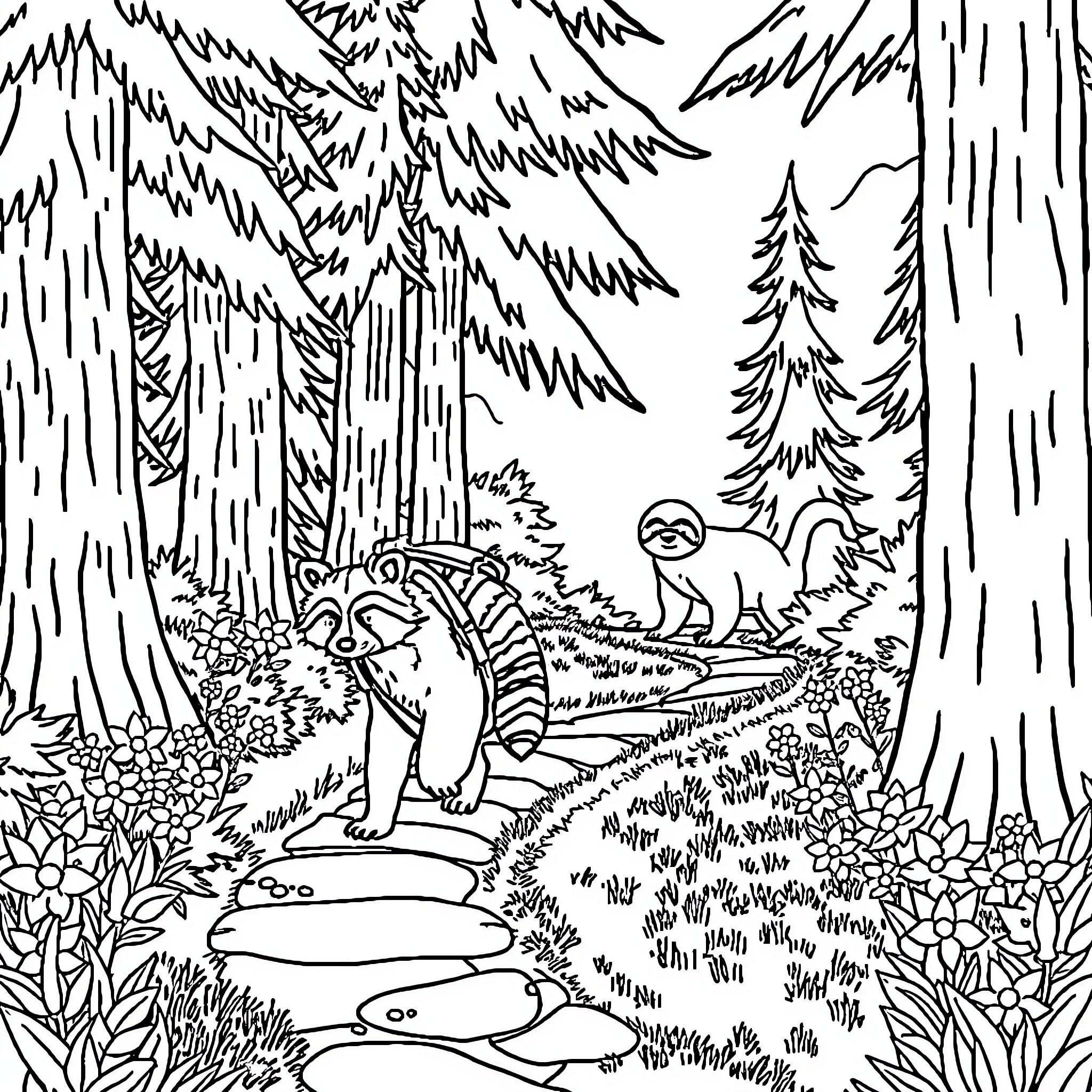 Raccoon exploring the forest trail Coloring Page (free black-and-white line drawing printable PDF for all, from beginners to advanced learners, including children, teens, adults, and seniors)
