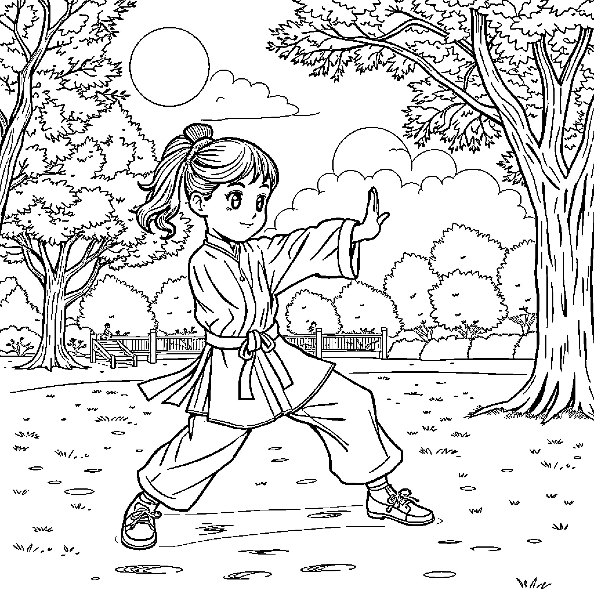 Girl practicing martial arts in a park Coloring Page (free black-and-white line drawing printable PDF for all, from beginners to advanced learners, including children, teens, adults, and seniors)