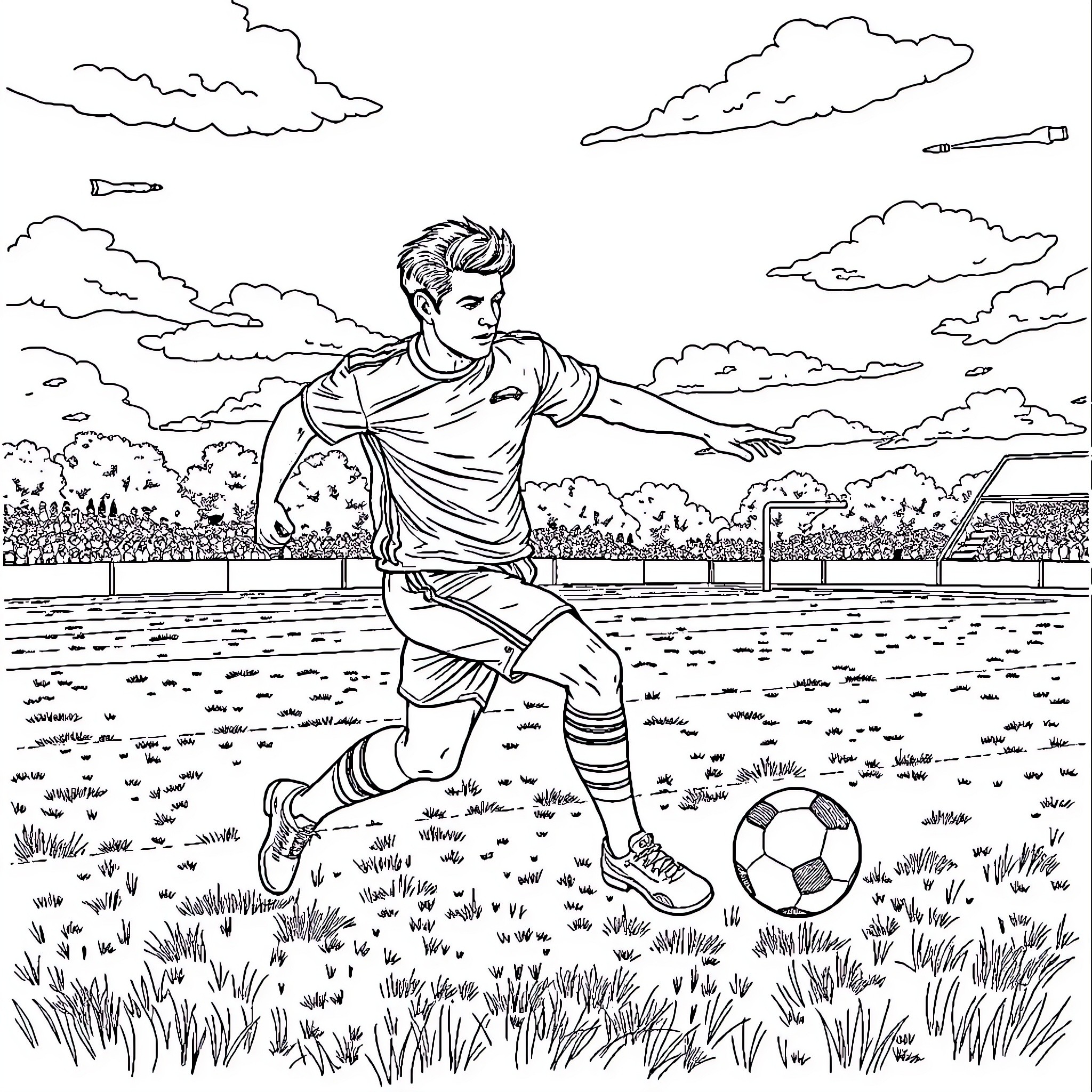 Sam Laidlow playing soccer on the field Coloring Page (free black-and-white line drawing printable PDF for all, from beginners to advanced learners, including children, teens, adults, and seniors)