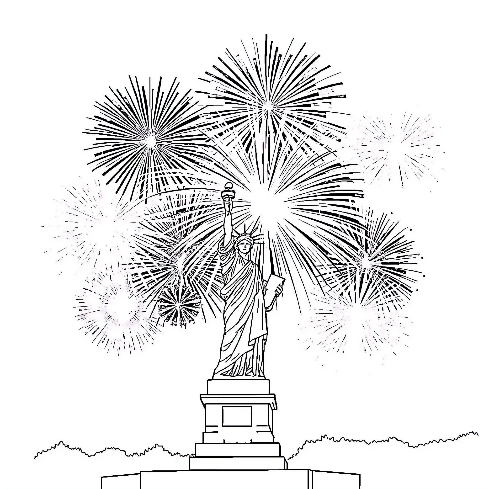Lady Liberty celebrating with fireworks display Coloring Page (free black-and-white line drawing printable PDF for all, from beginners to advanced learners, including children, teens, adults, and seniors)