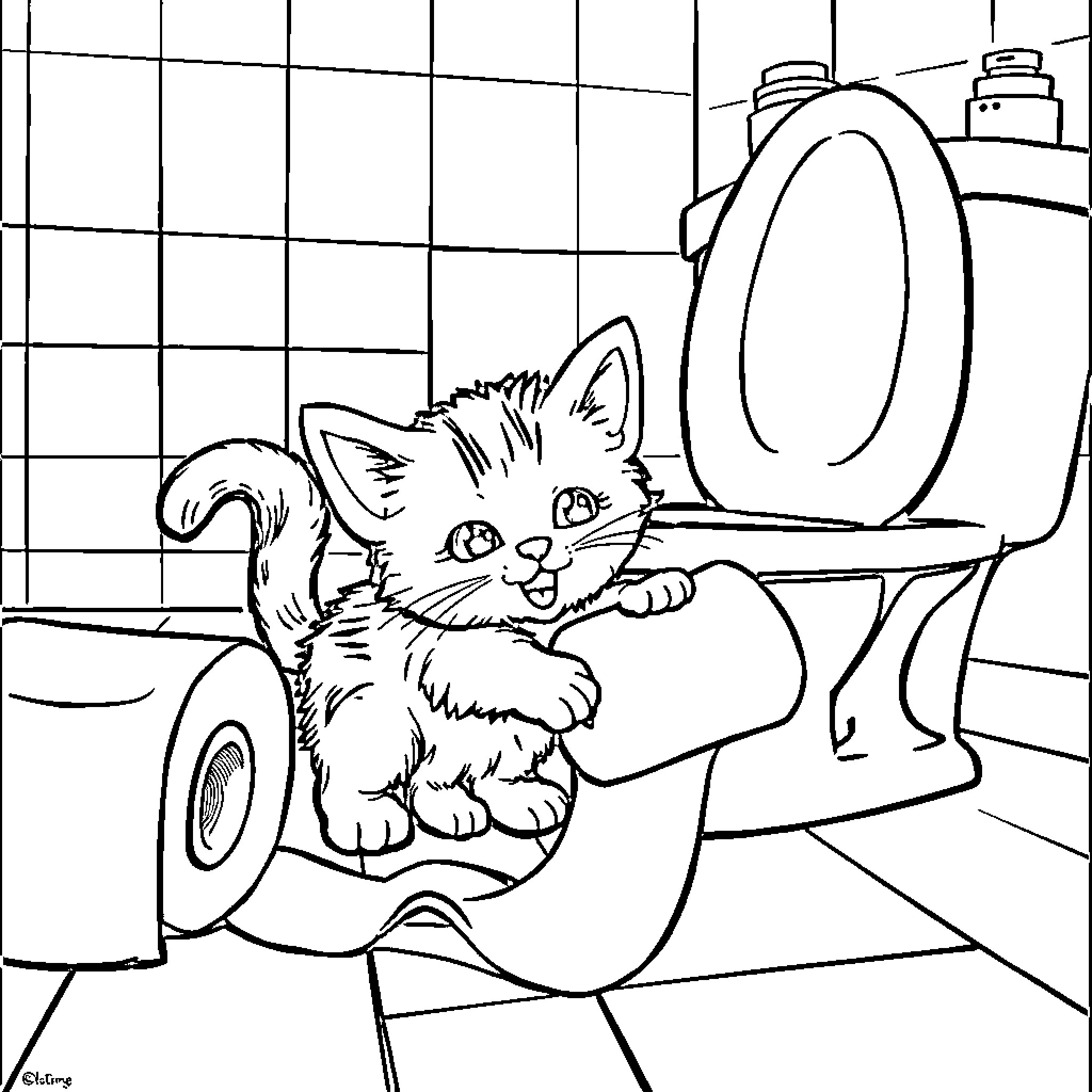Kitty playing in the bathroom Coloring Page (free black-and-white line drawing printable PDF for all, from beginners to advanced learners, including children, teens, adults, and seniors)