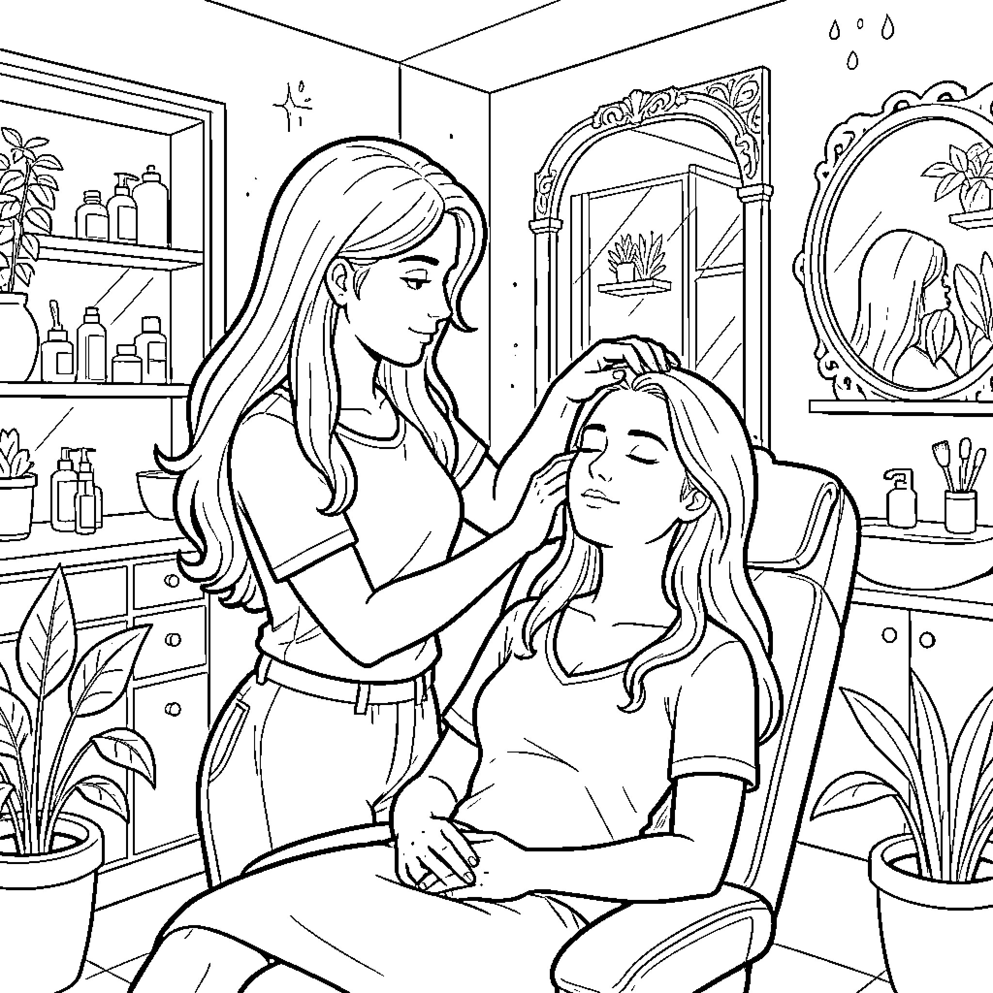 Chica Pampers Her Friend at the Spa Coloring Page (free black-and-white line drawing printable PDF for all, from beginners to advanced learners, including children, teens, adults, and seniors)