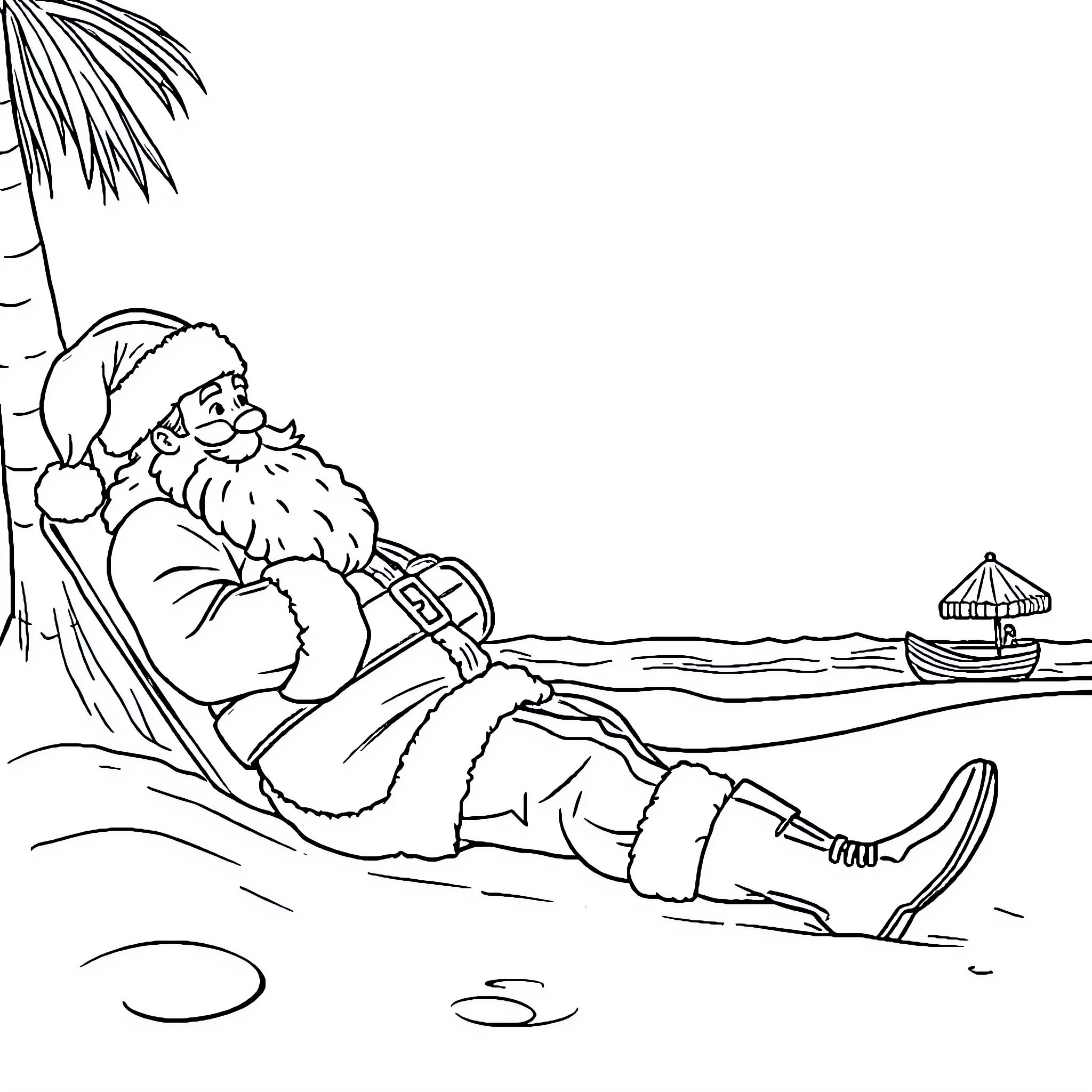 Santa relaxing on a tropical beach Coloring Page (free black-and-white line drawing printable PDF for all, from beginners to advanced learners, including children, teens, adults, and seniors)