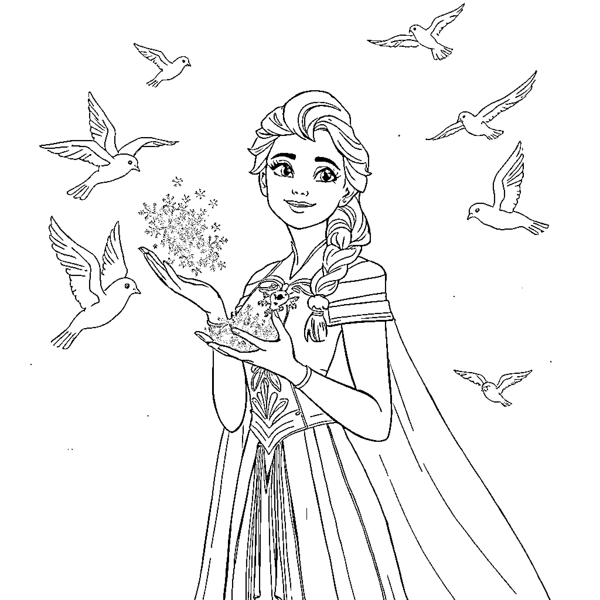 Elsa enjoying nature and birds in the outdoors Coloring Page (free black-and-white line drawing printable PDF for all, from beginners to advanced learners, including children, teens, adults, and seniors)