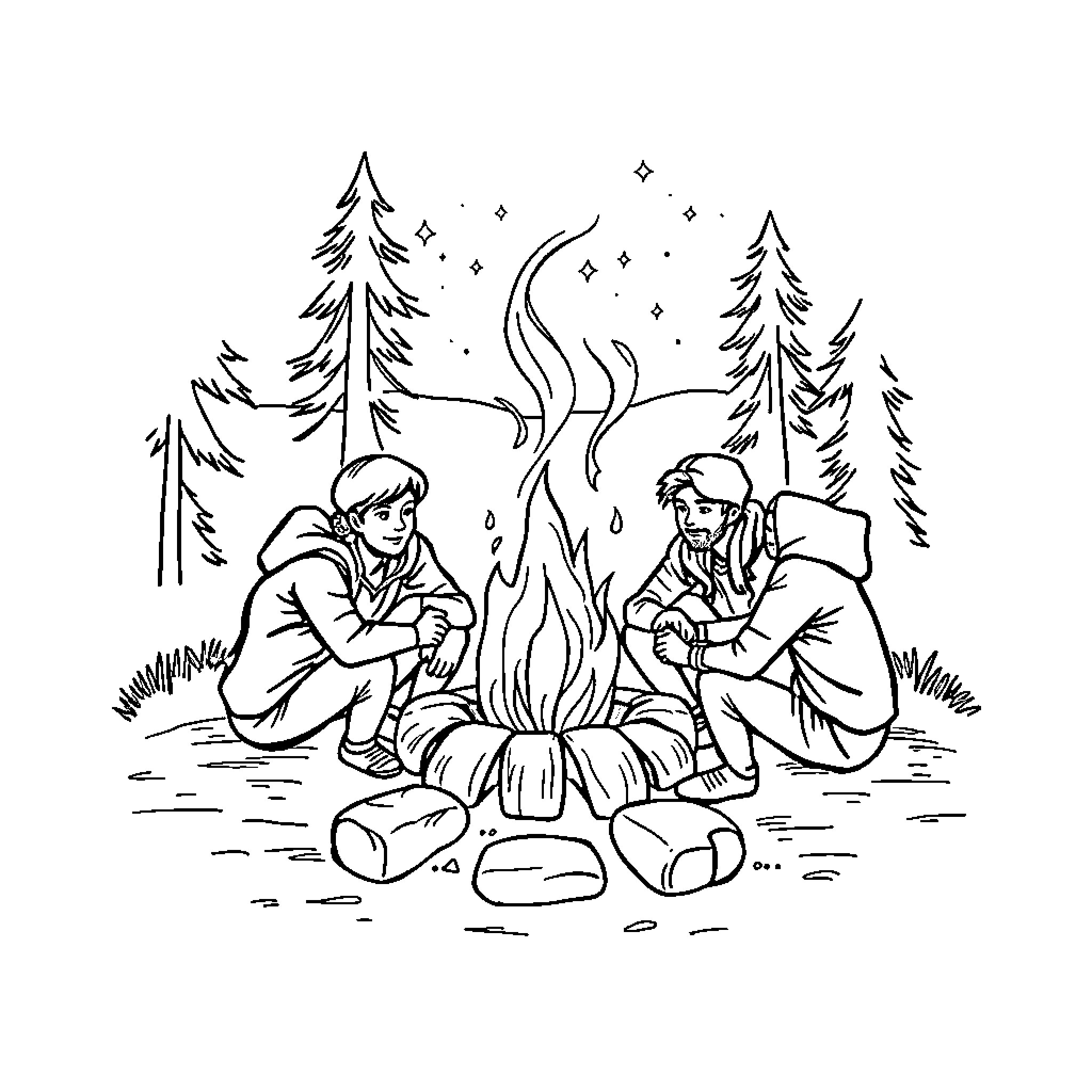 Brotherhood of Adventurers Gathering Around Campfire Coloring Page (free black-and-white line drawing printable PDF for all, from beginners to advanced learners, including children, teens, adults, and seniors)